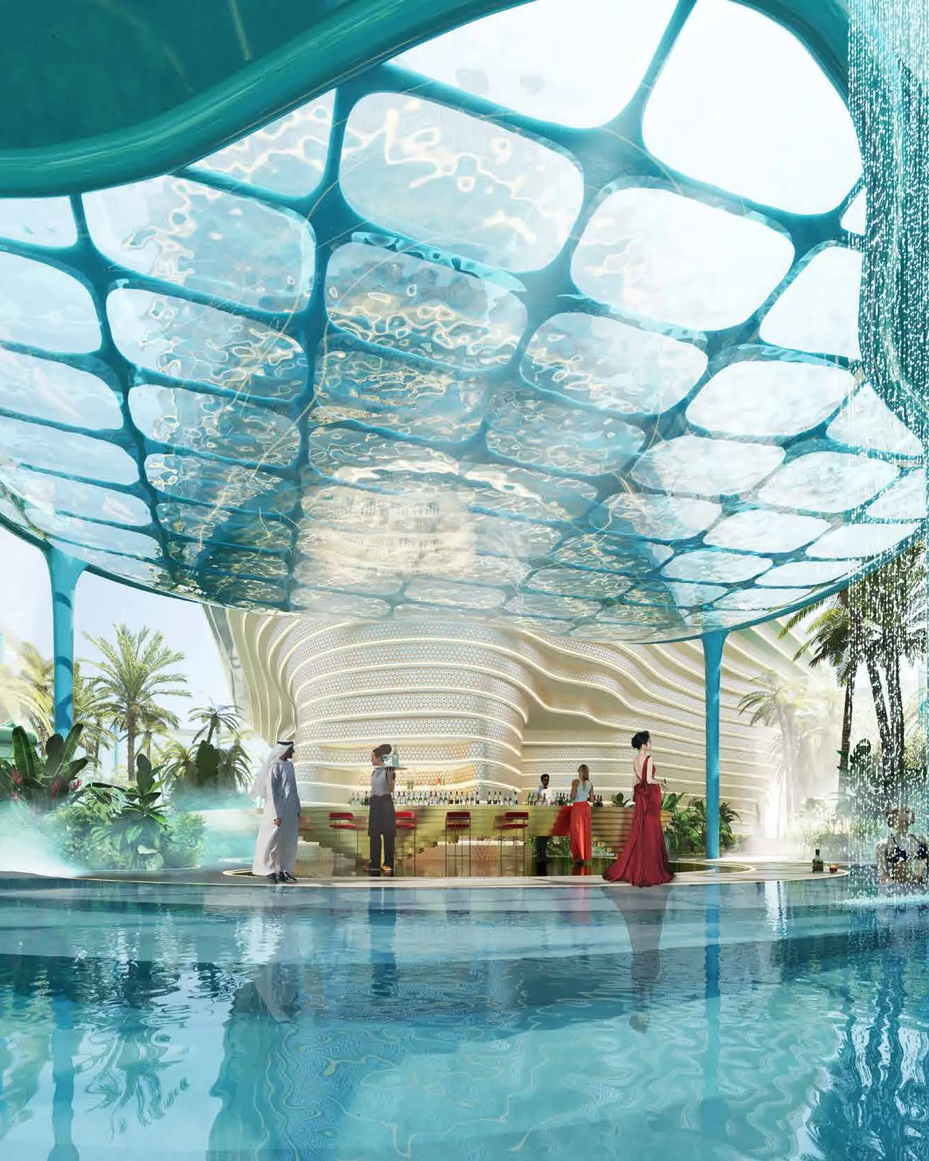 Bar beneath a glass canopy with falling water, ringed by palms