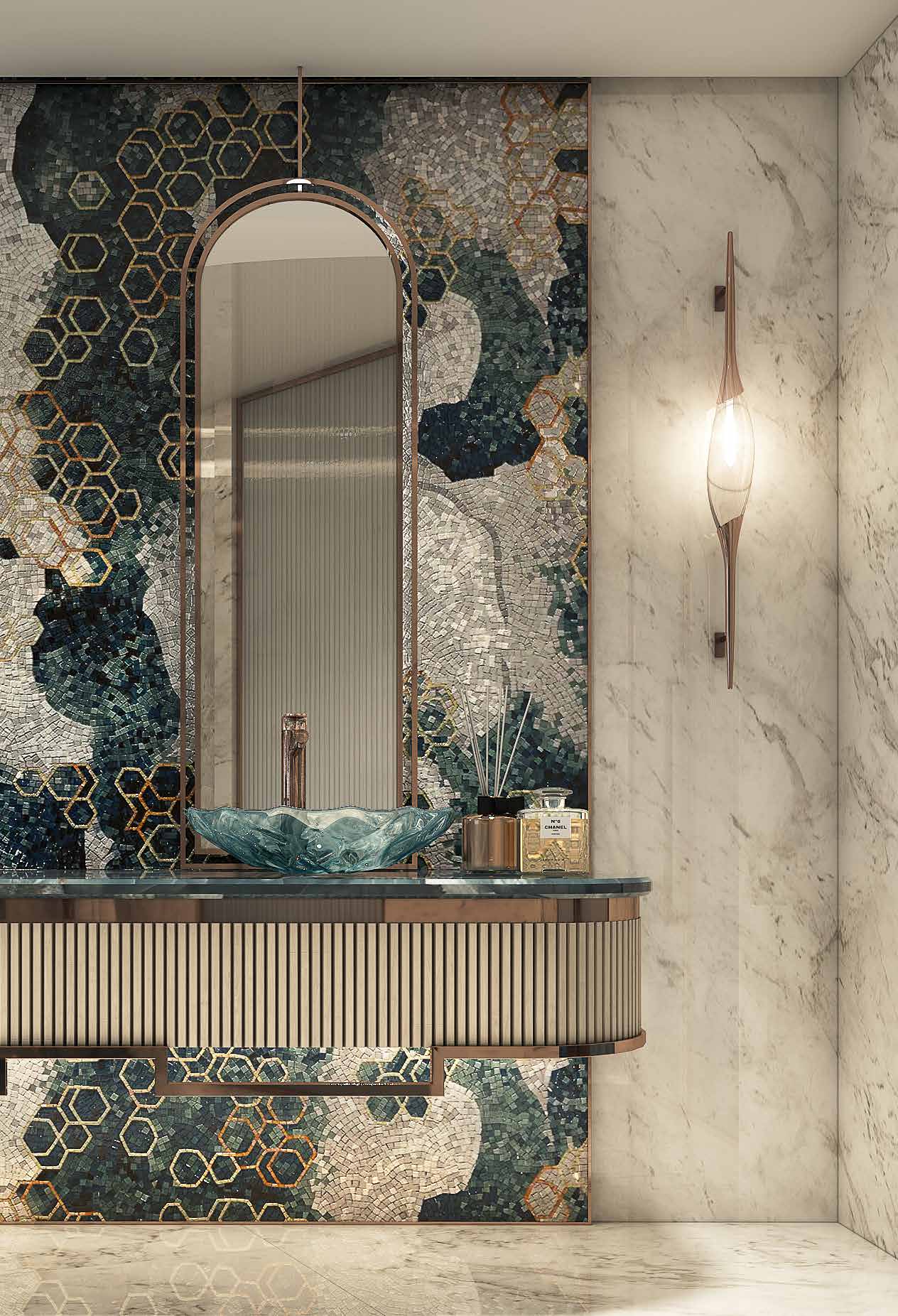 Washbasin with green mosaic wall and tall arched mirror