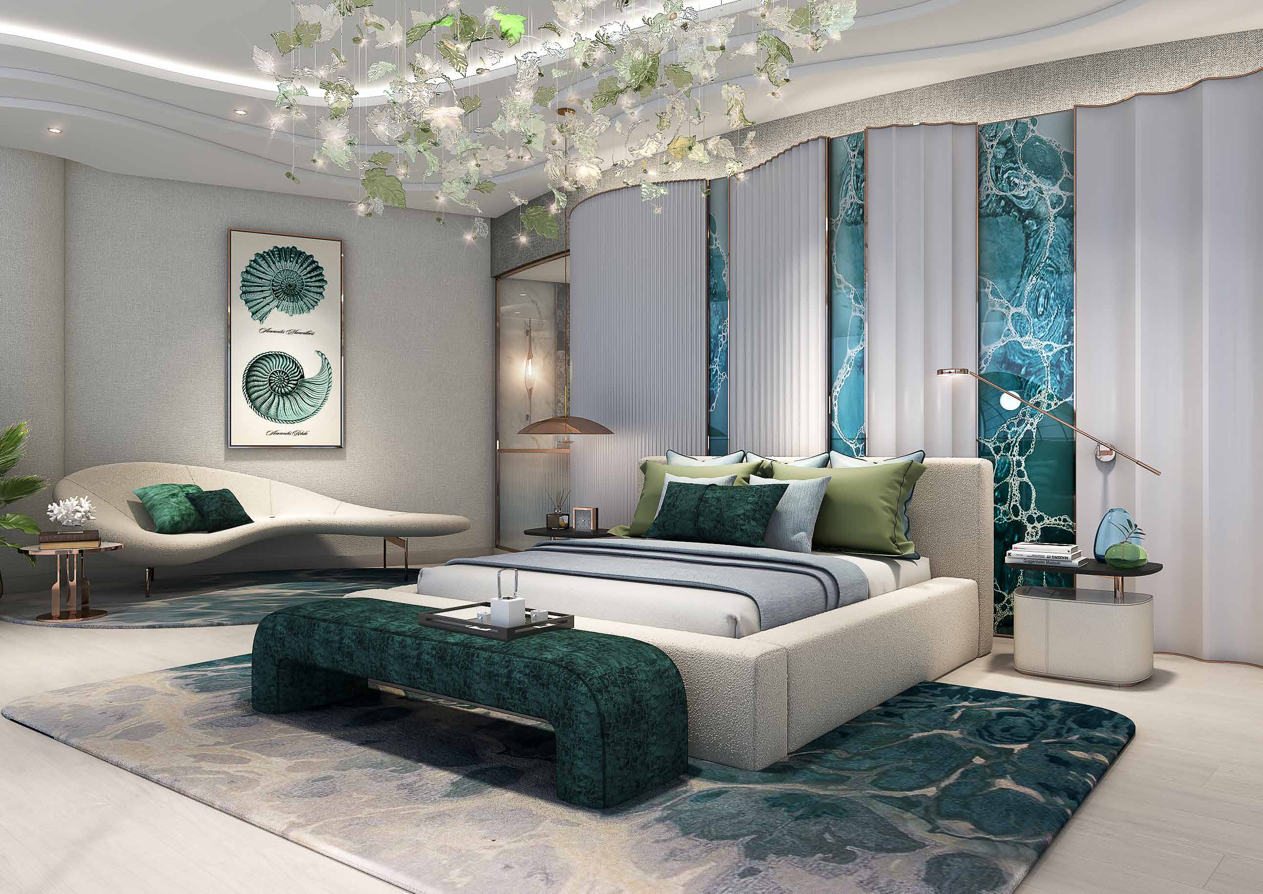 Bedroom in sea greens with leaf chandelier and curved chaise