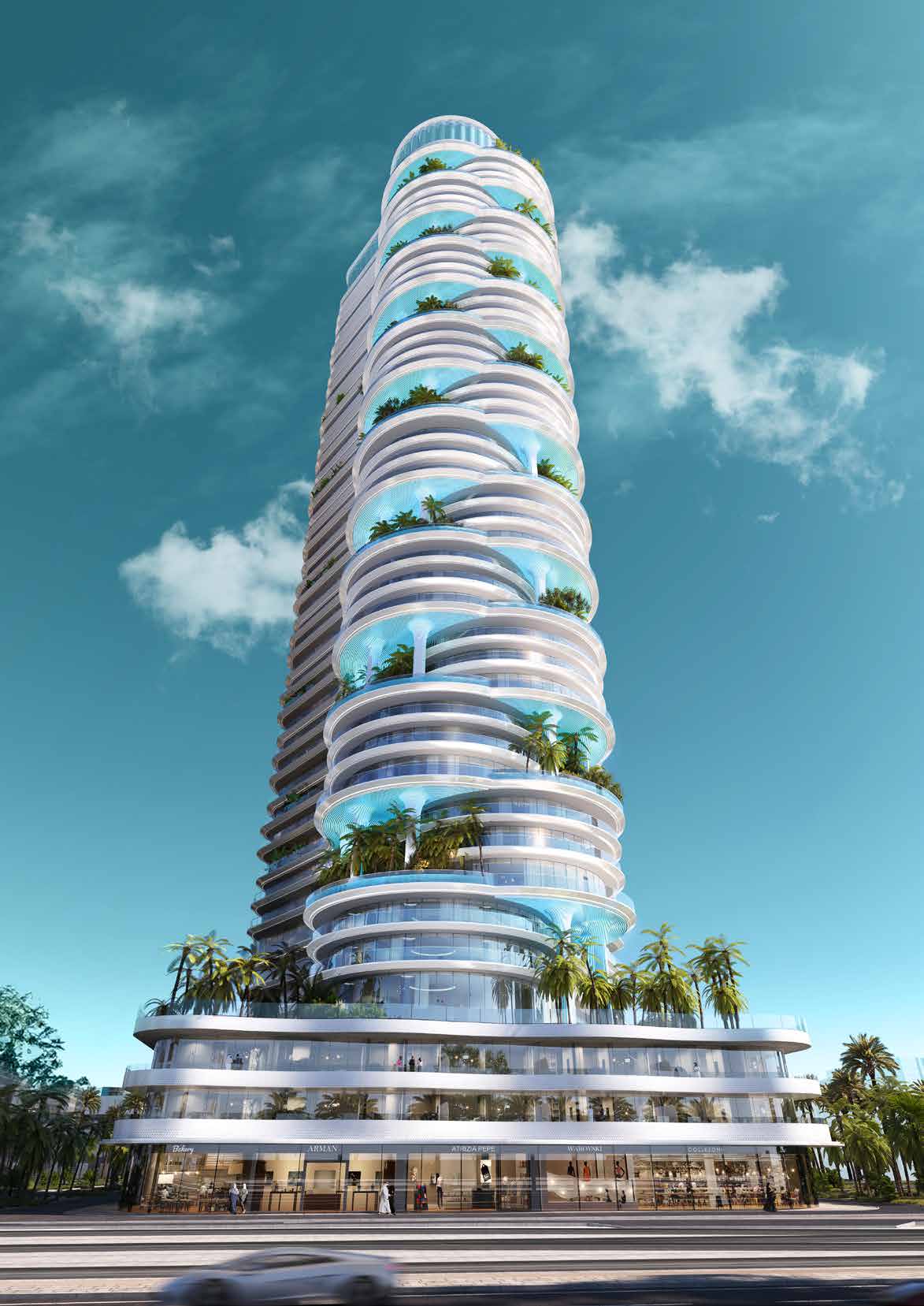 DAMAC Casa tower with curved, palm-planted terraces against a blue sky