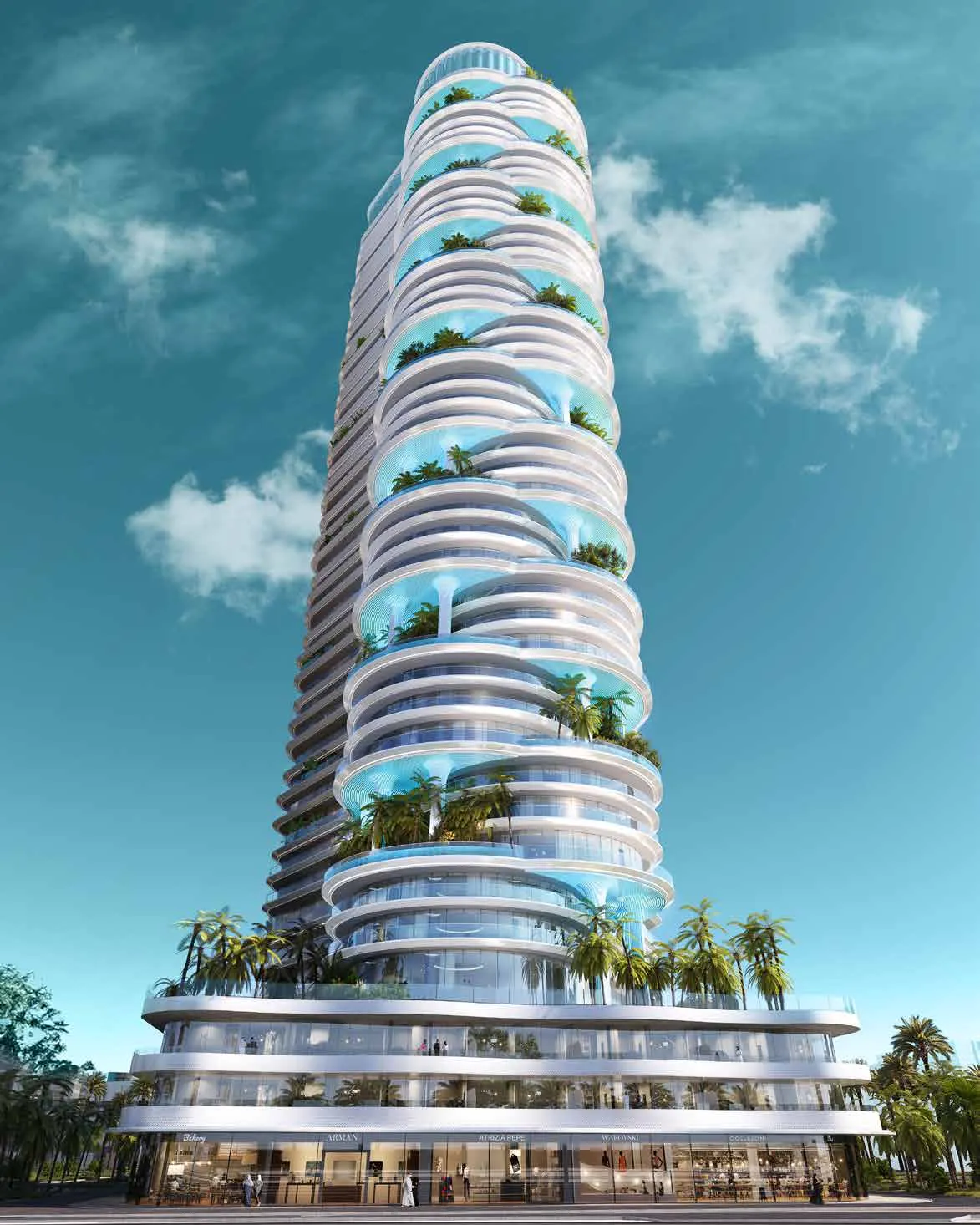DAMAC Casa tower with curved, palm-planted terraces against a blue sky