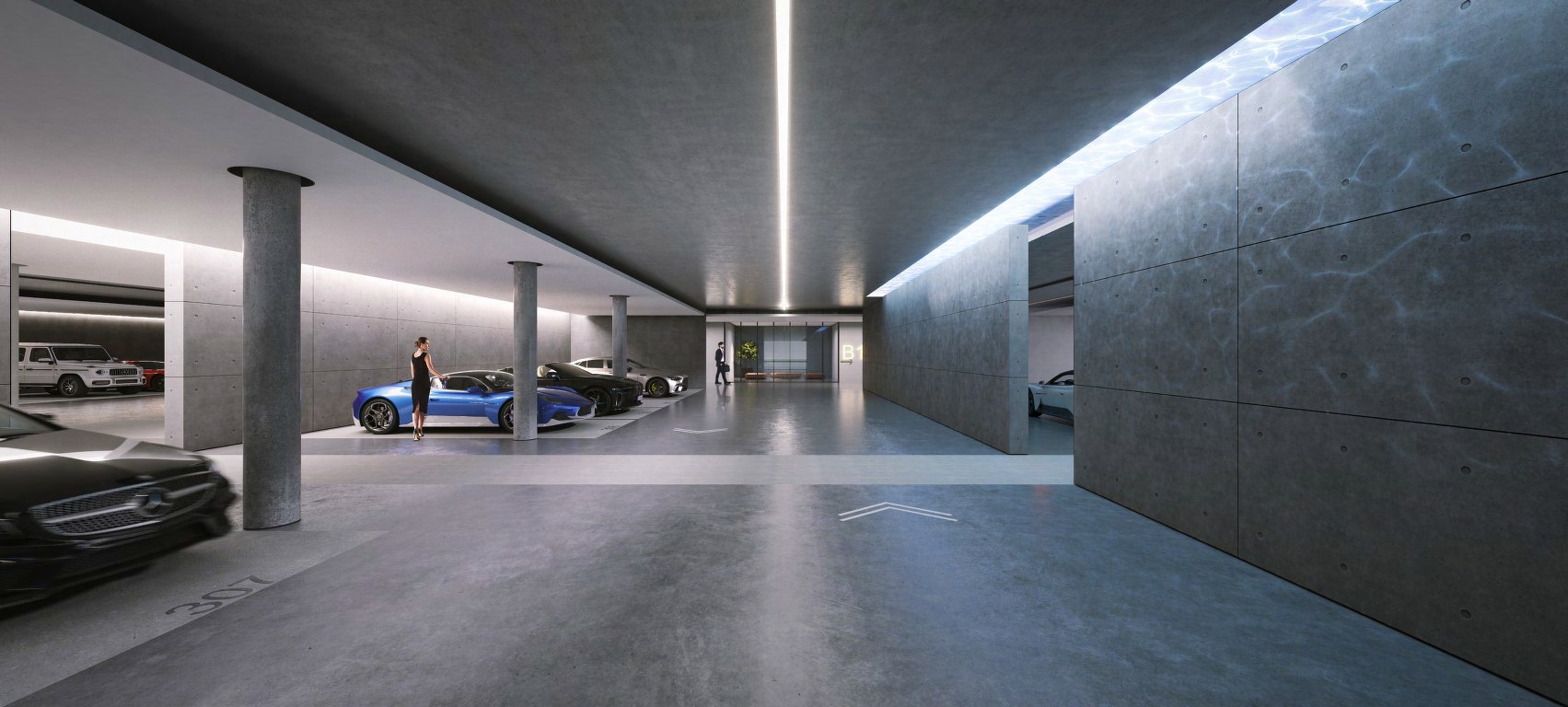 Concrete residents' car park with lit ceiling slot and glowing water skylight