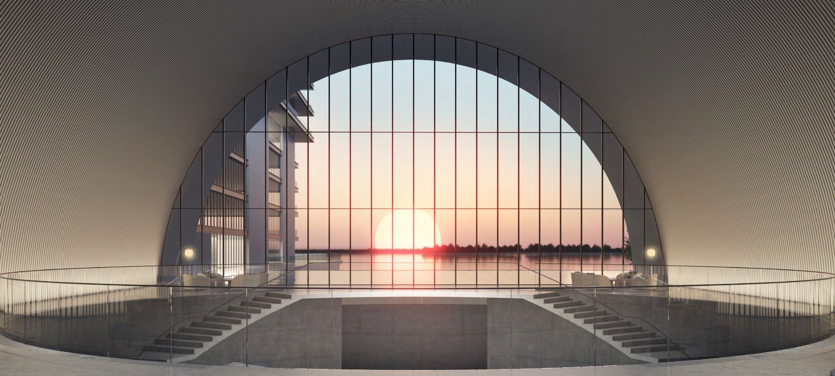 Elevated entrance under a great glazed arch looking out to the sunset