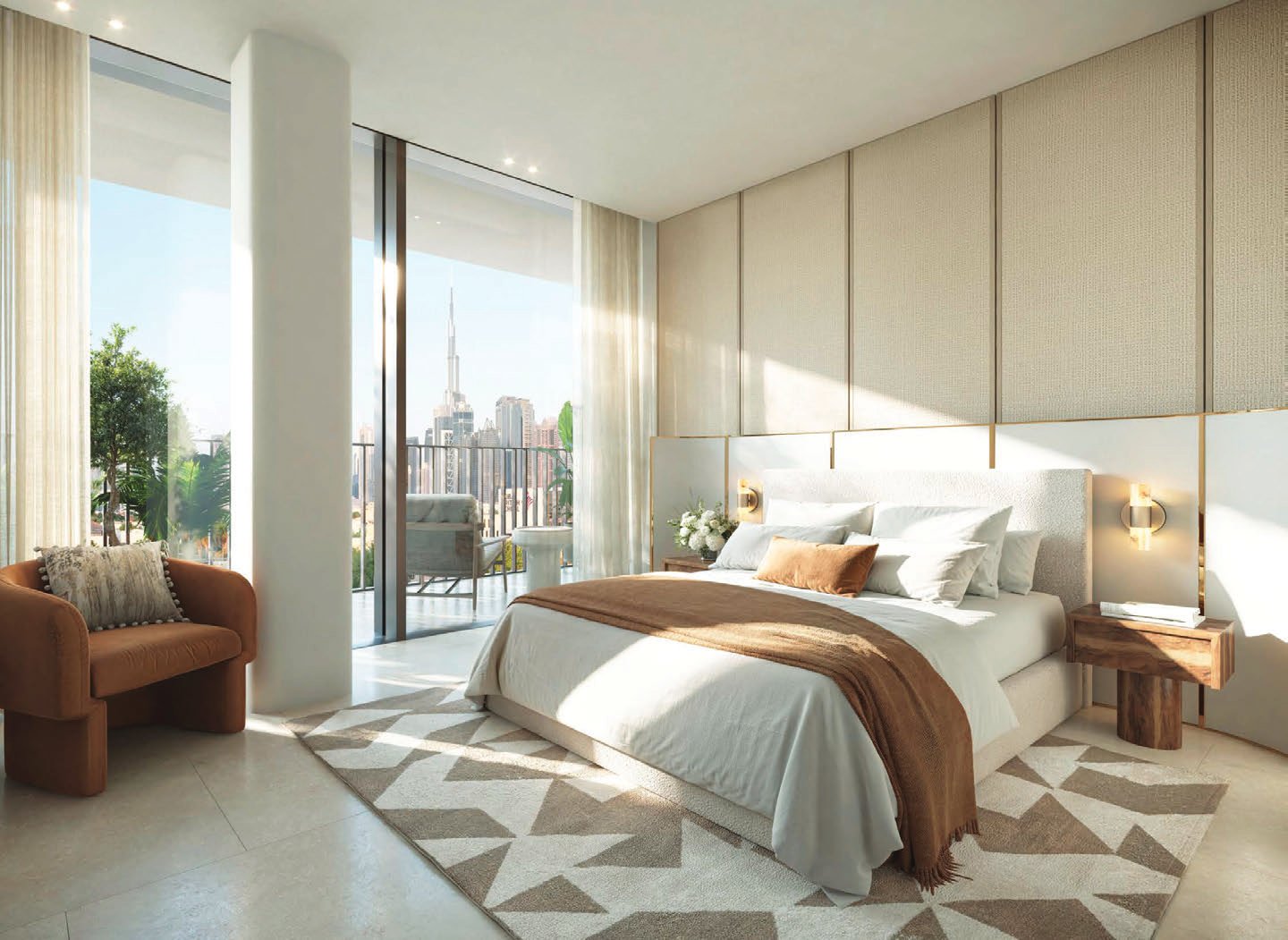 Bright bedroom opening onto a balcony with Burj Khalifa view