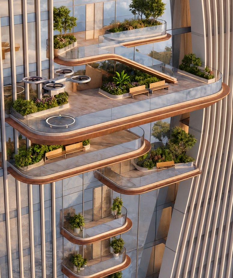 Curved planted terraces with benches stepping out from the tower façade