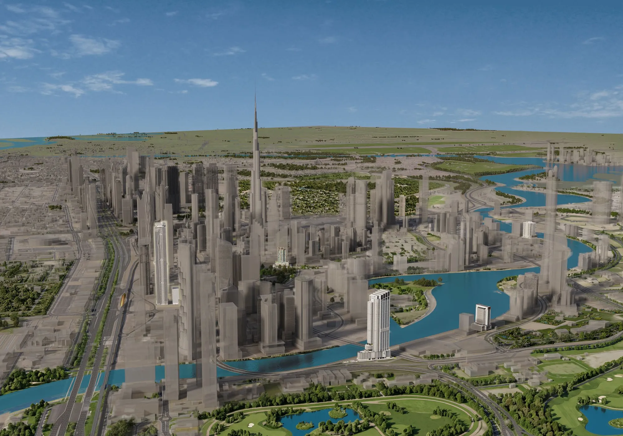 Aerial view of Business Bay, Downtown and the canal along Sheikh Zayed Road