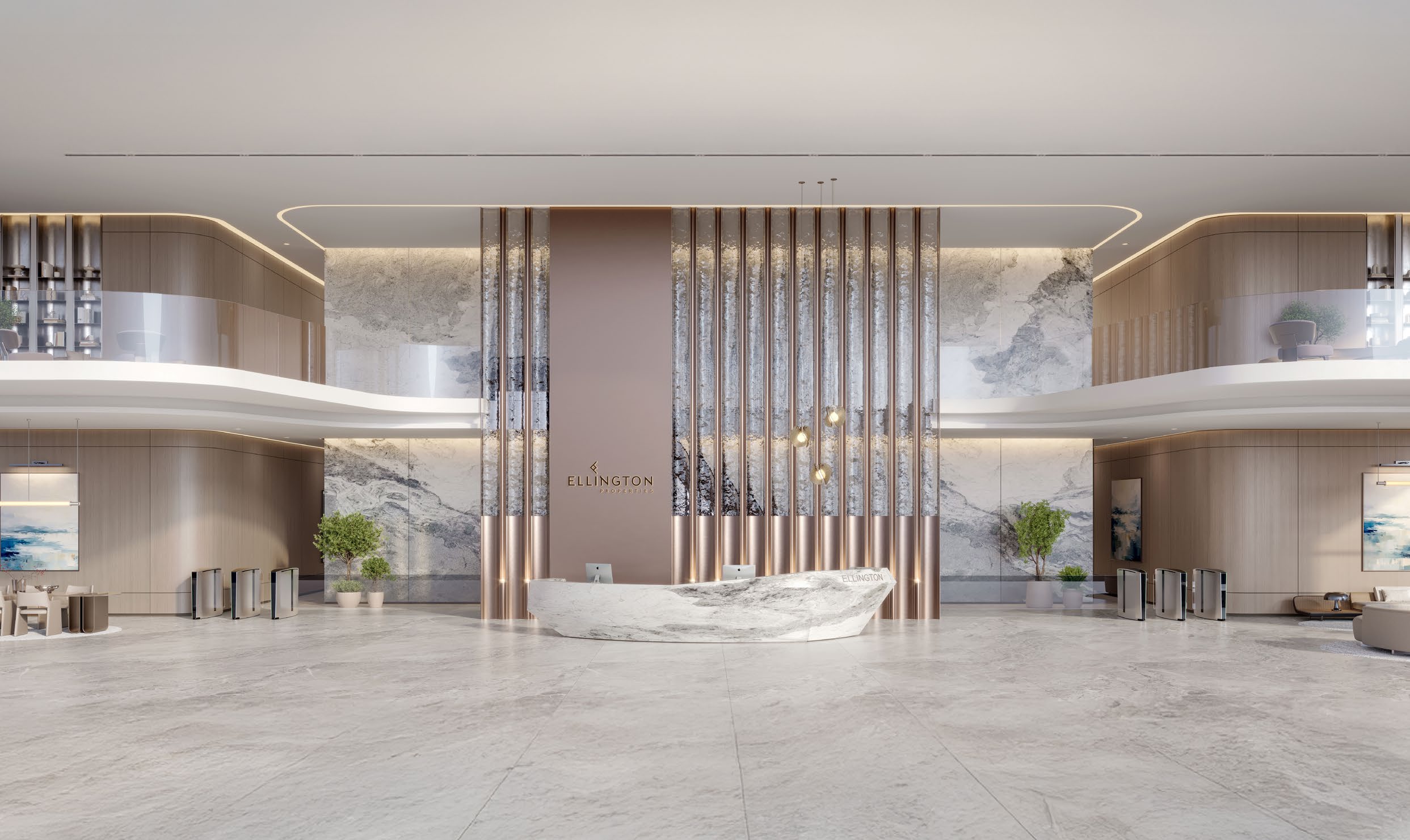 Double-height marble lobby with sculpted reception desk and bronze fins