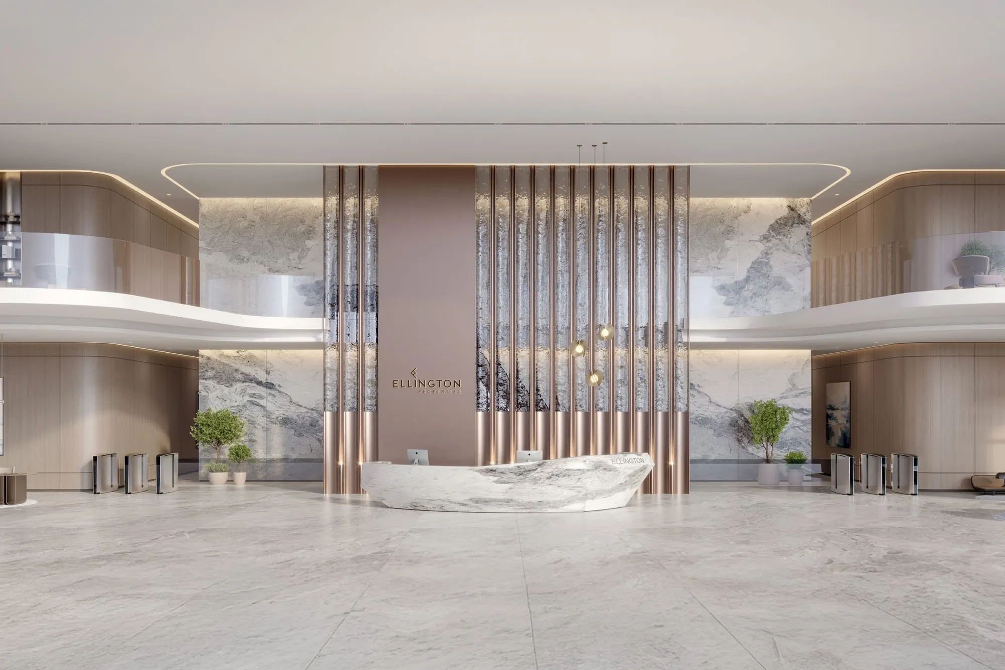 Double-height marble lobby with sculpted reception desk and bronze fins