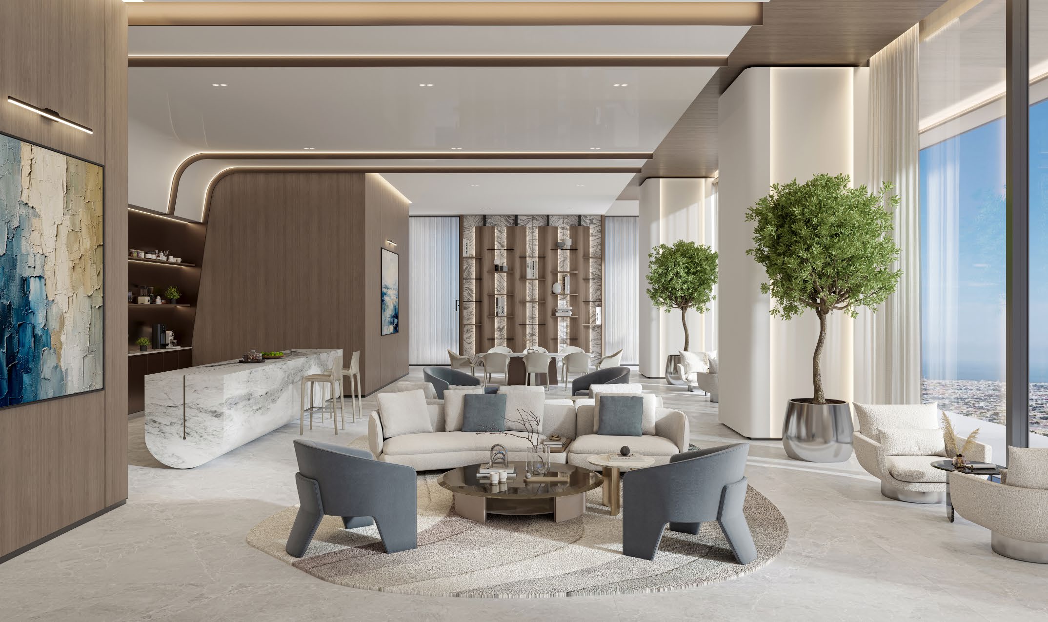 Co-working space with marble bar, lounge seating and city views