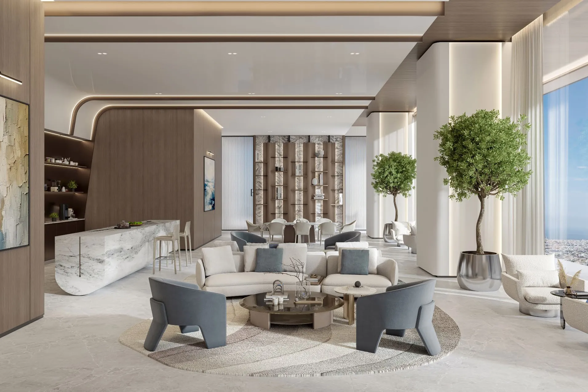 Co-working space with marble bar, lounge seating and city views