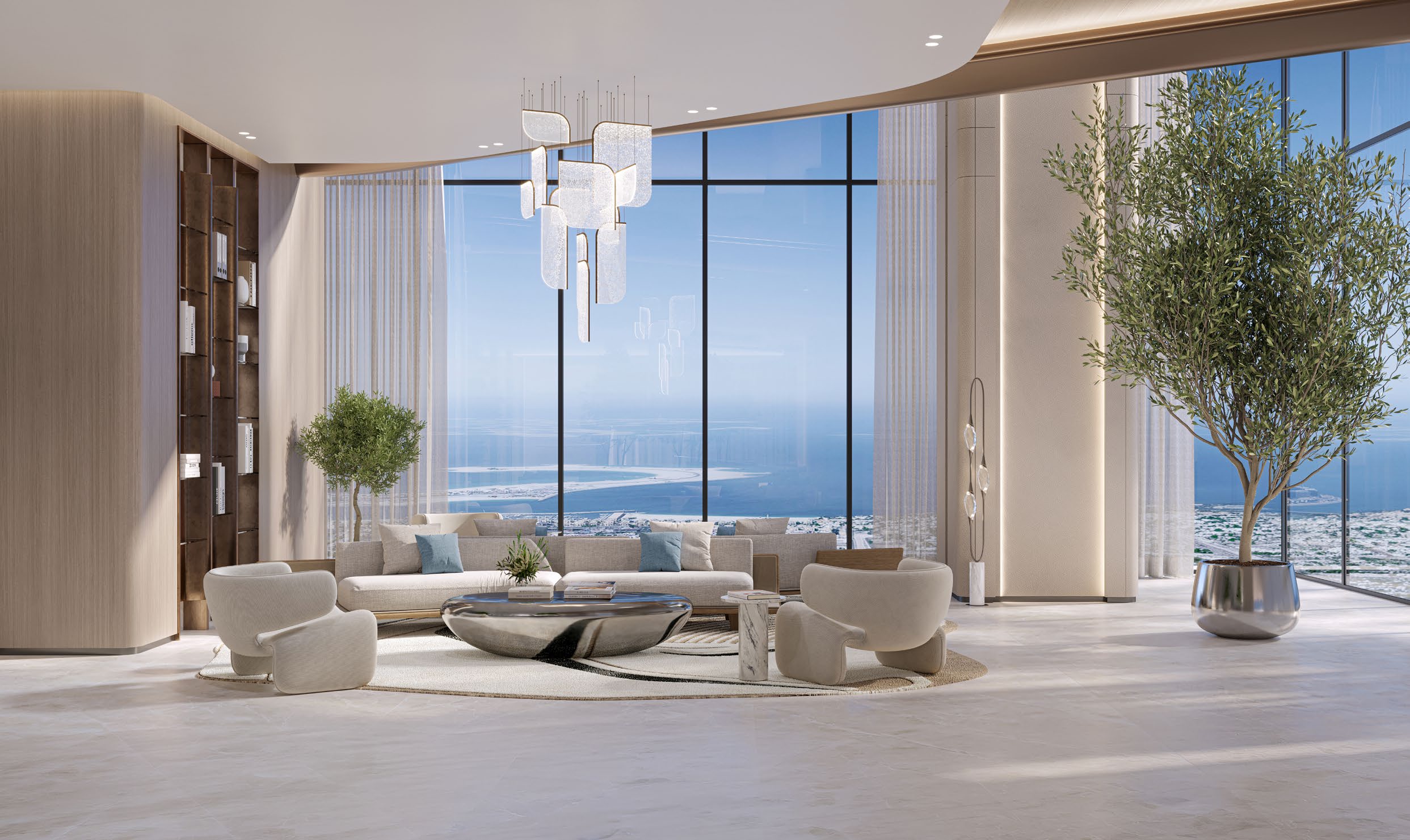 Bright lounge with sofas, olive trees and tall windows facing the sea