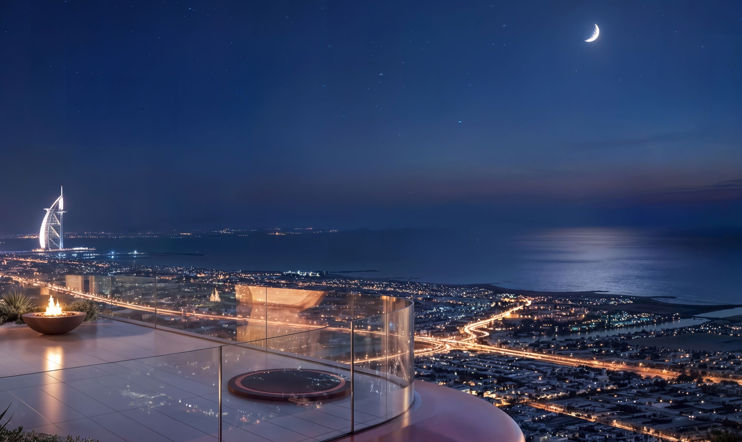Glass-edged terrace with fire bowl above the city at night
