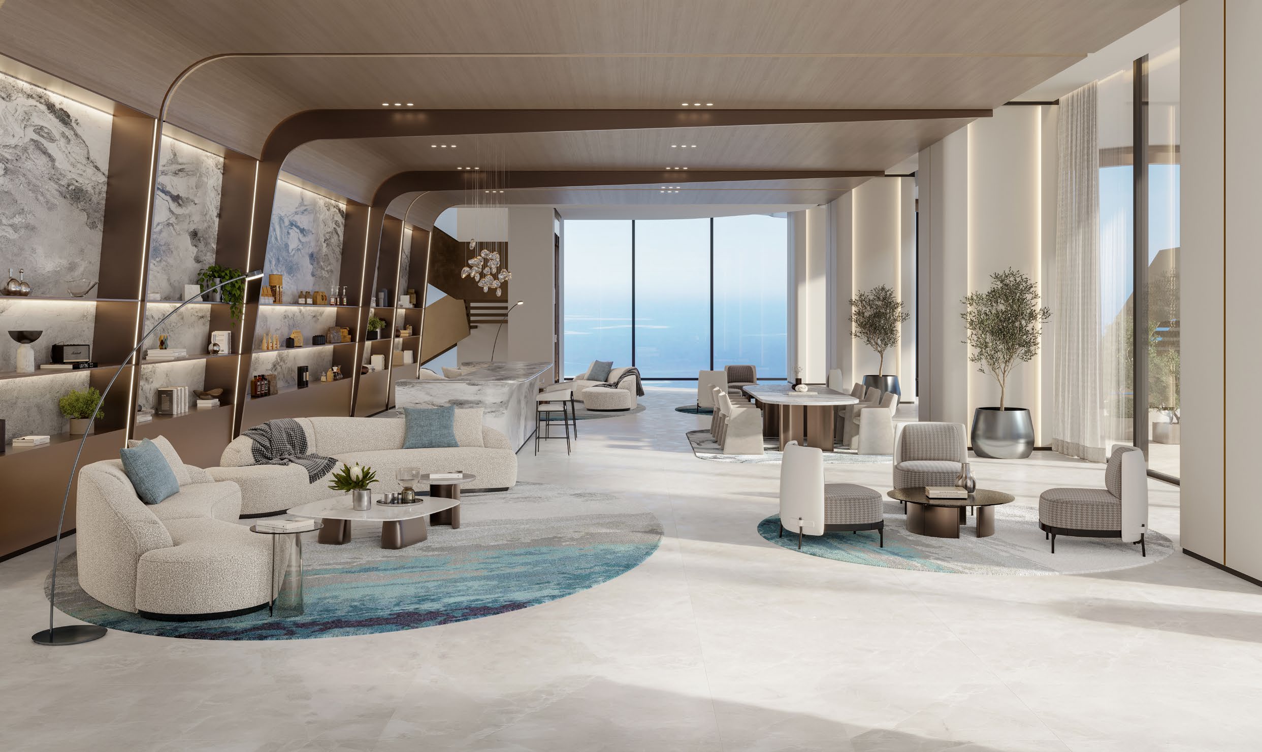 Clubhouse with curved sofas, dining table and sea views beyond