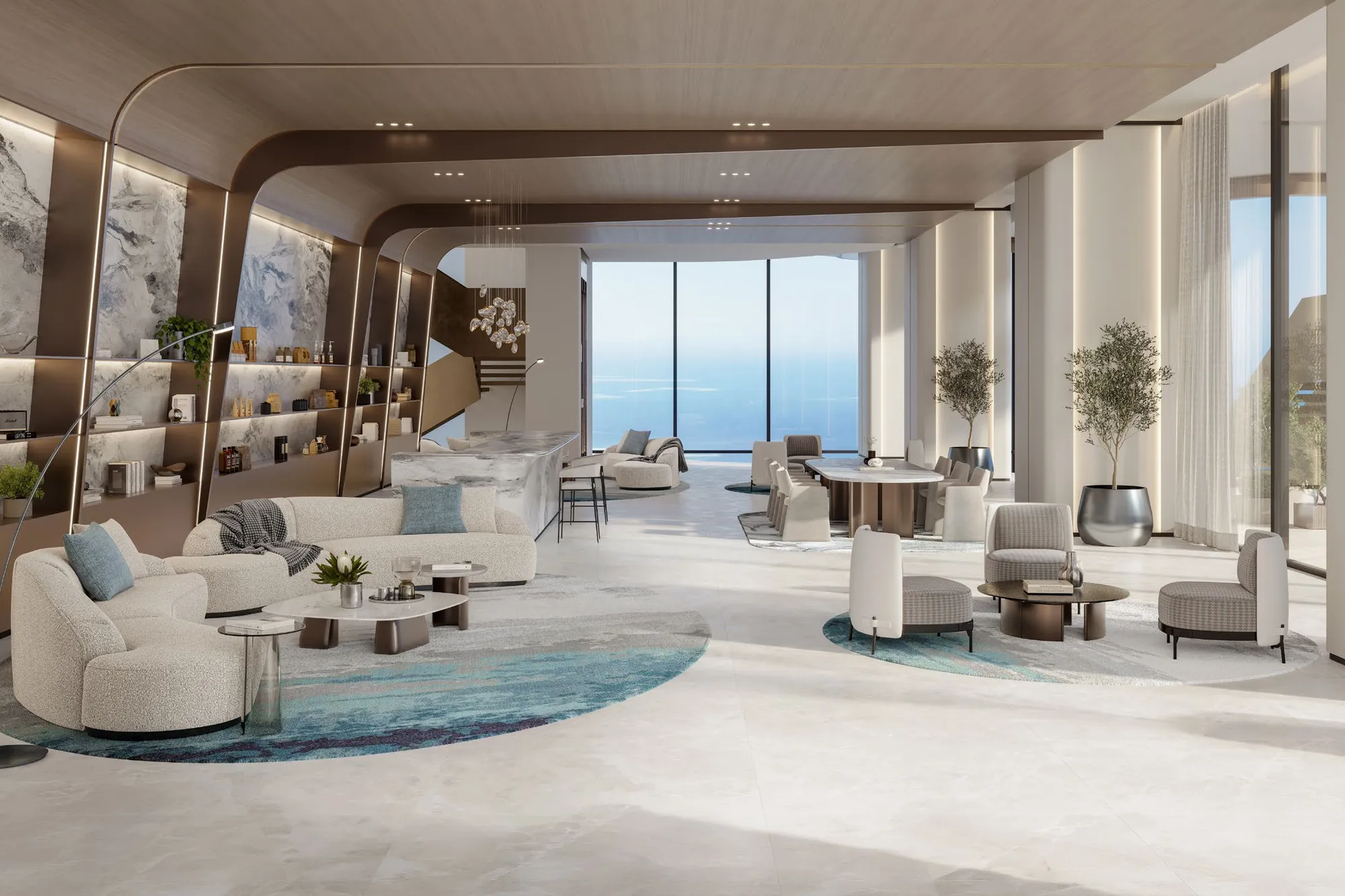 Clubhouse with curved sofas, dining table and sea views beyond