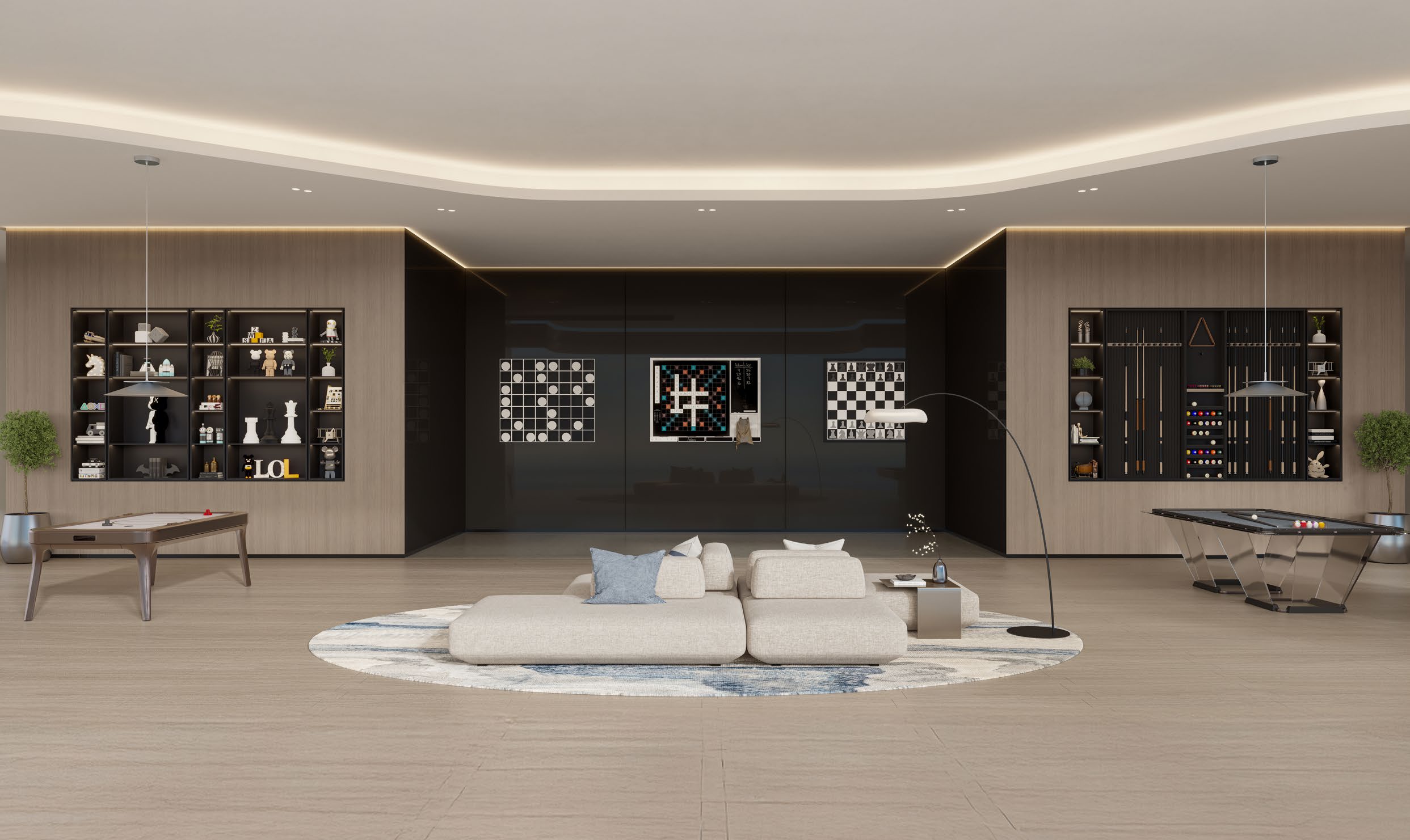 Games room with billiards table, air hockey and a low sofa