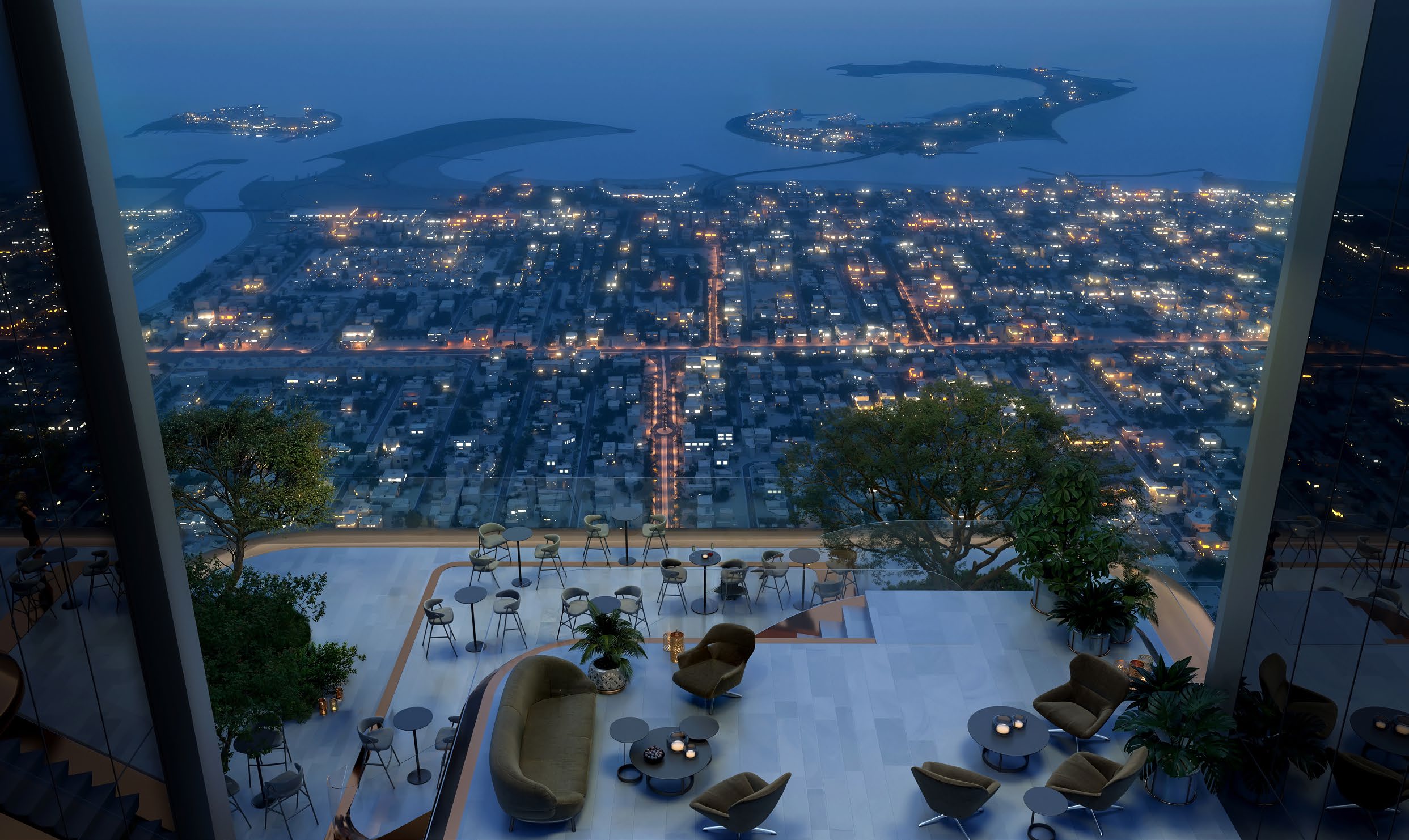 Clubhouse terrace at dusk overlooking city lights and the islands offshore