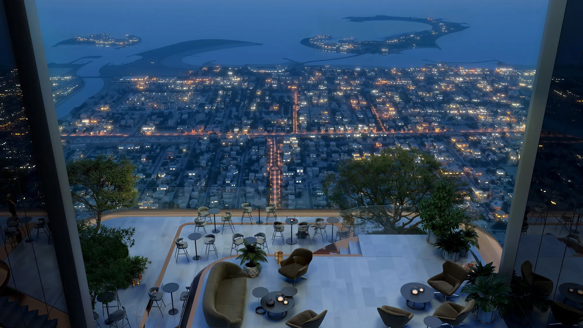Clubhouse terrace at dusk overlooking city lights and the islands offshore