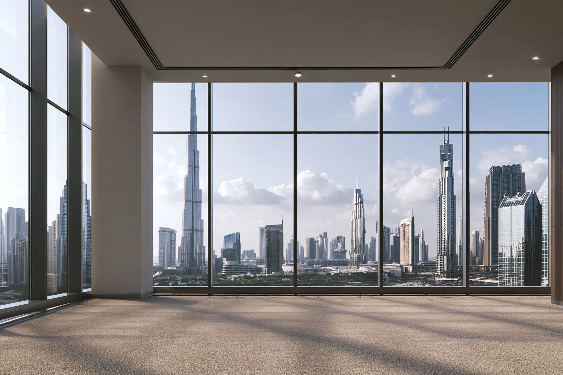 Carpeted prayer room with tall windows framing Burj Khalifa