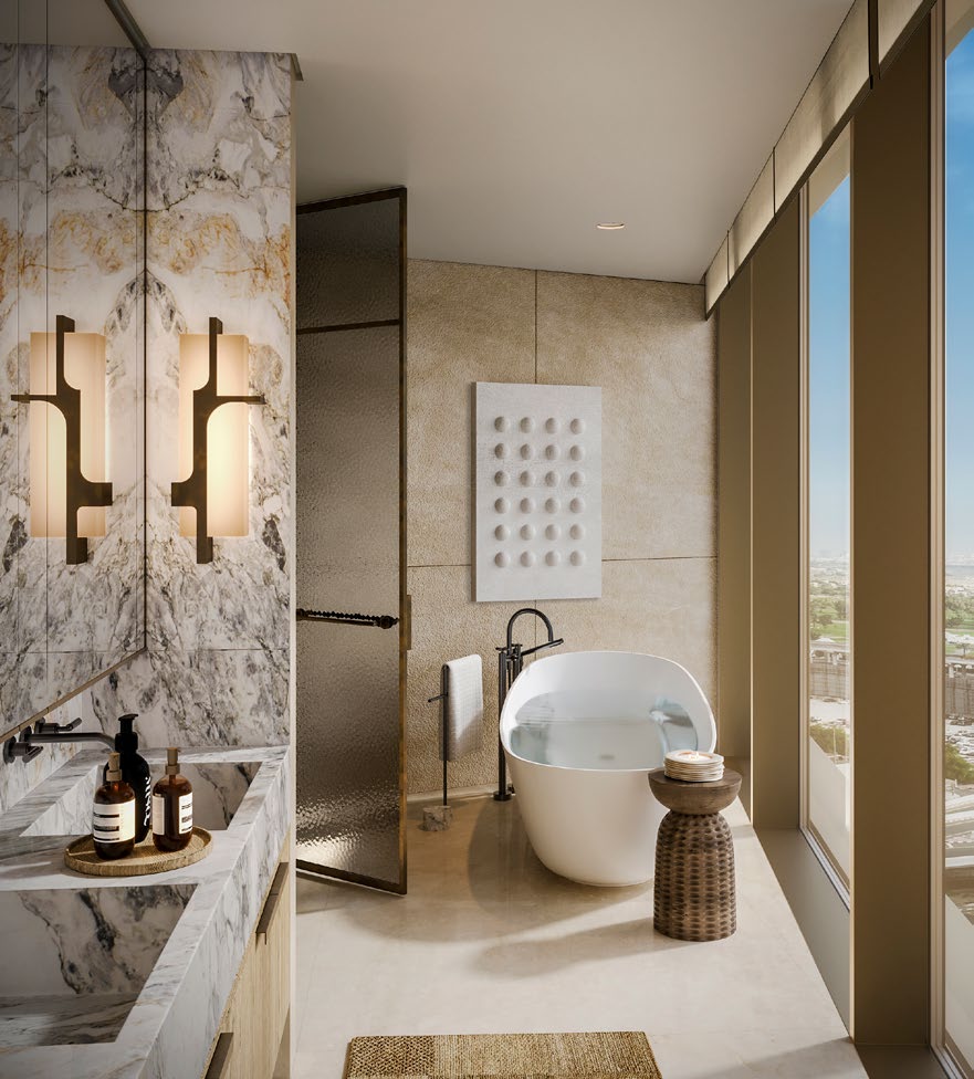 Bedroom with corner windows looking out to Palm Jumeirah