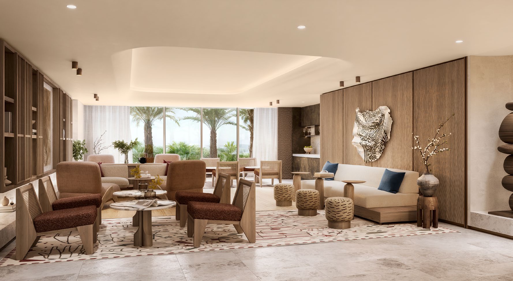 Residents' lounge with timber walls, armchairs and garden views