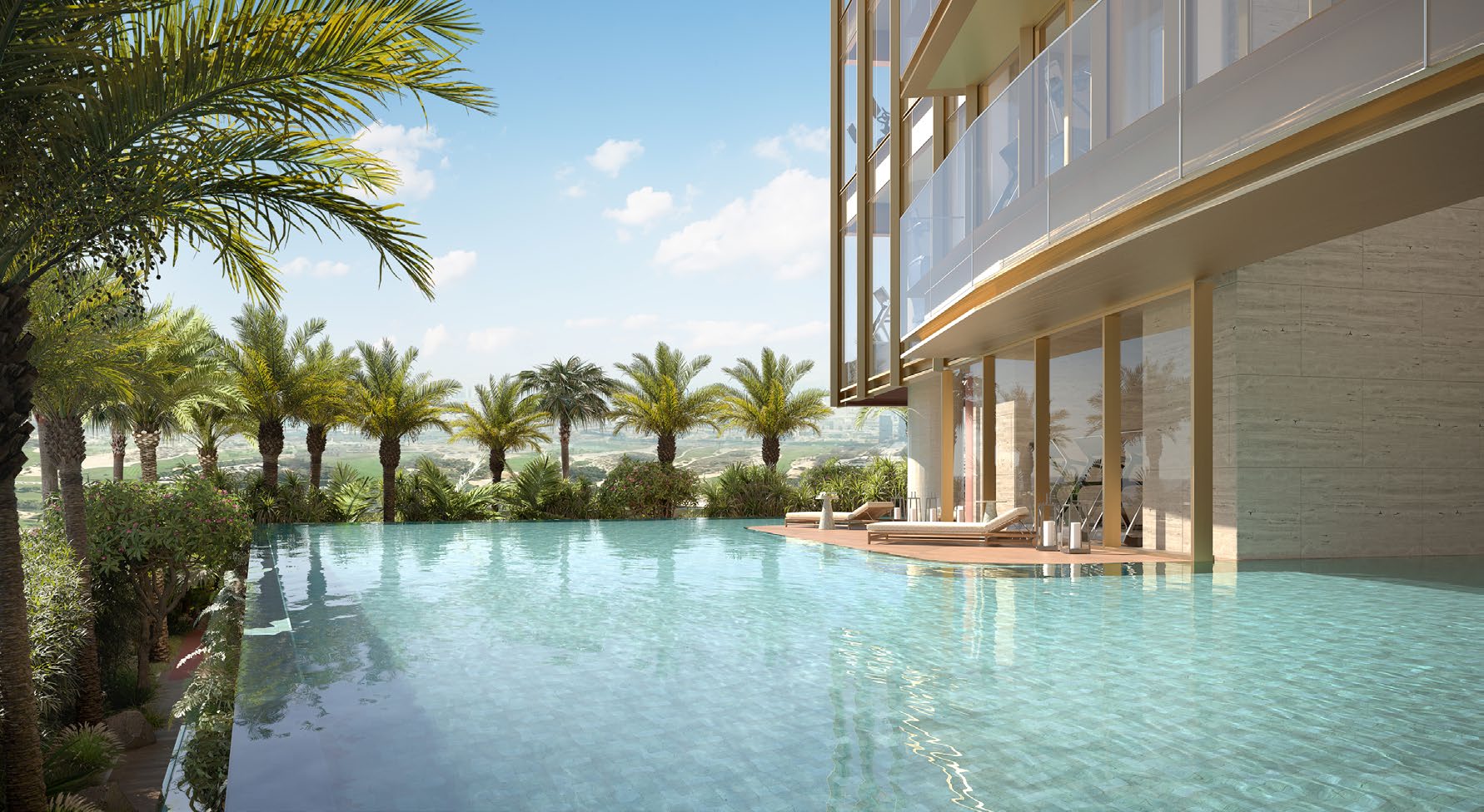 Infinity pool edged with palms beside the tower's podium