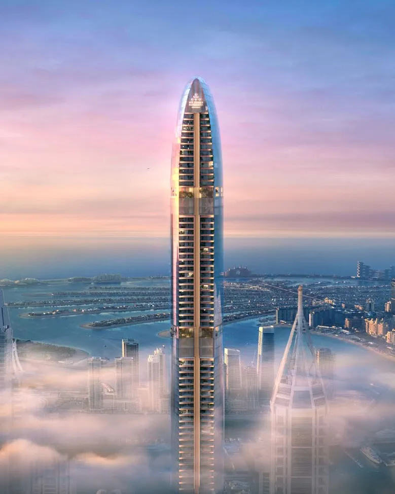 The slender tower rising above morning mist at dawn, Palm behind