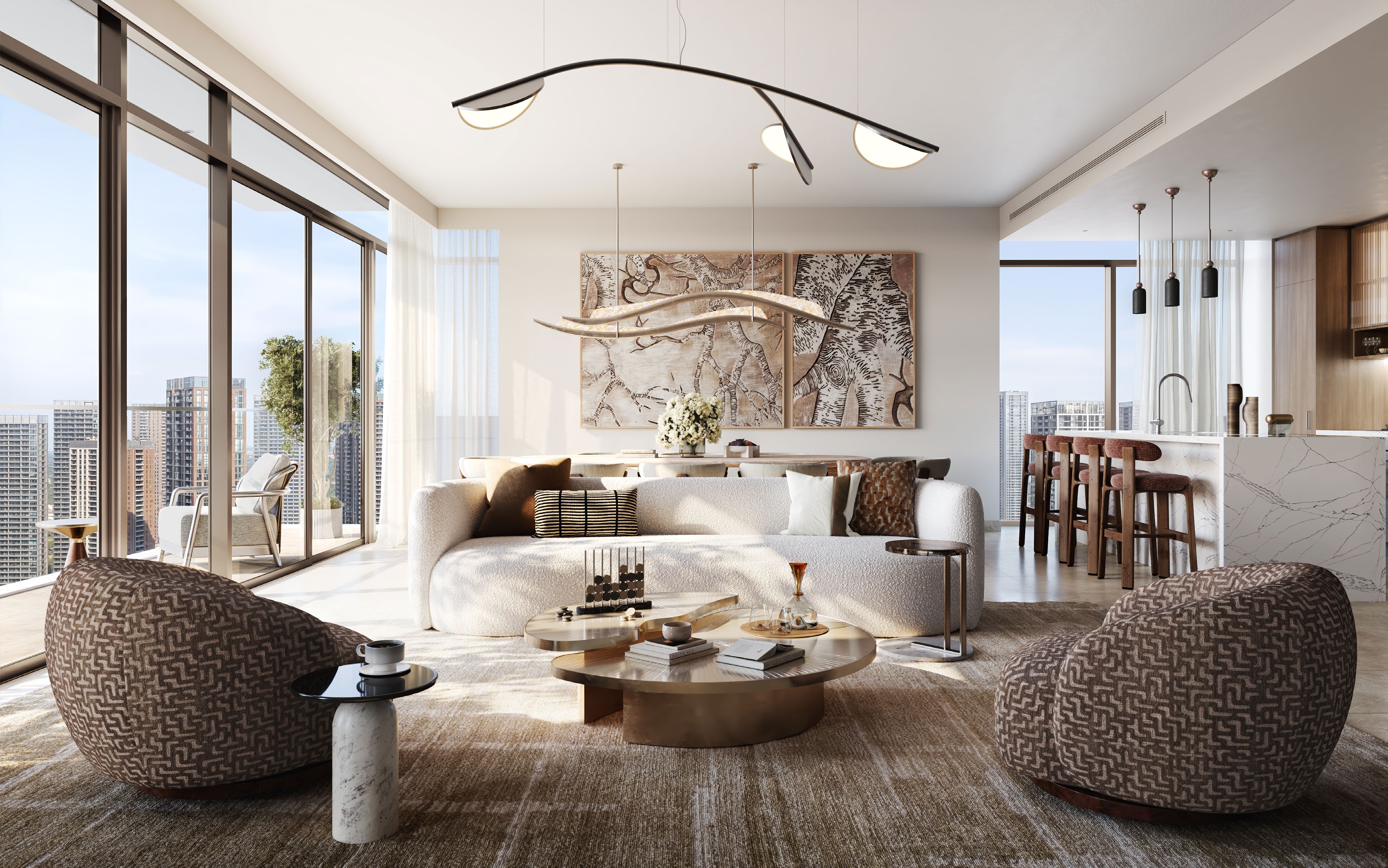 Bright living room with curved sofa, marble kitchen island and floor-to-ceiling windows