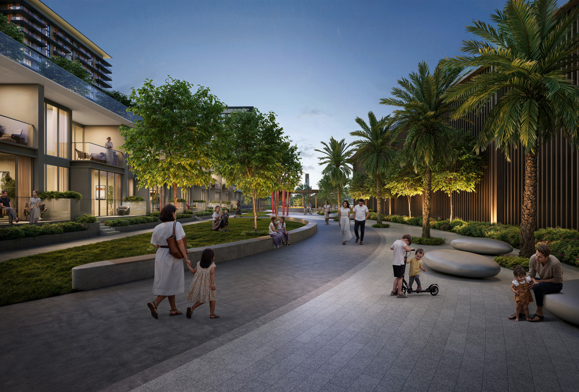 Palm-lined walkway between townhouses and lawns, with families at dusk