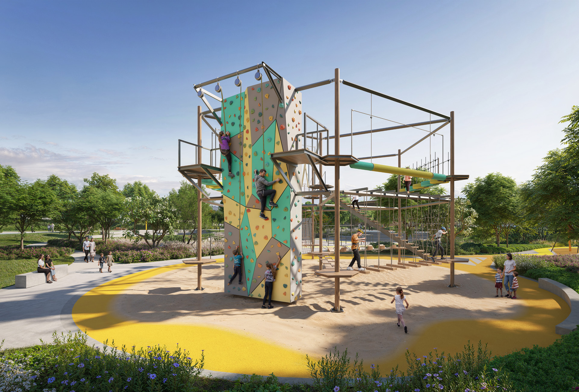 Children's play area with a climbing wall and rope course