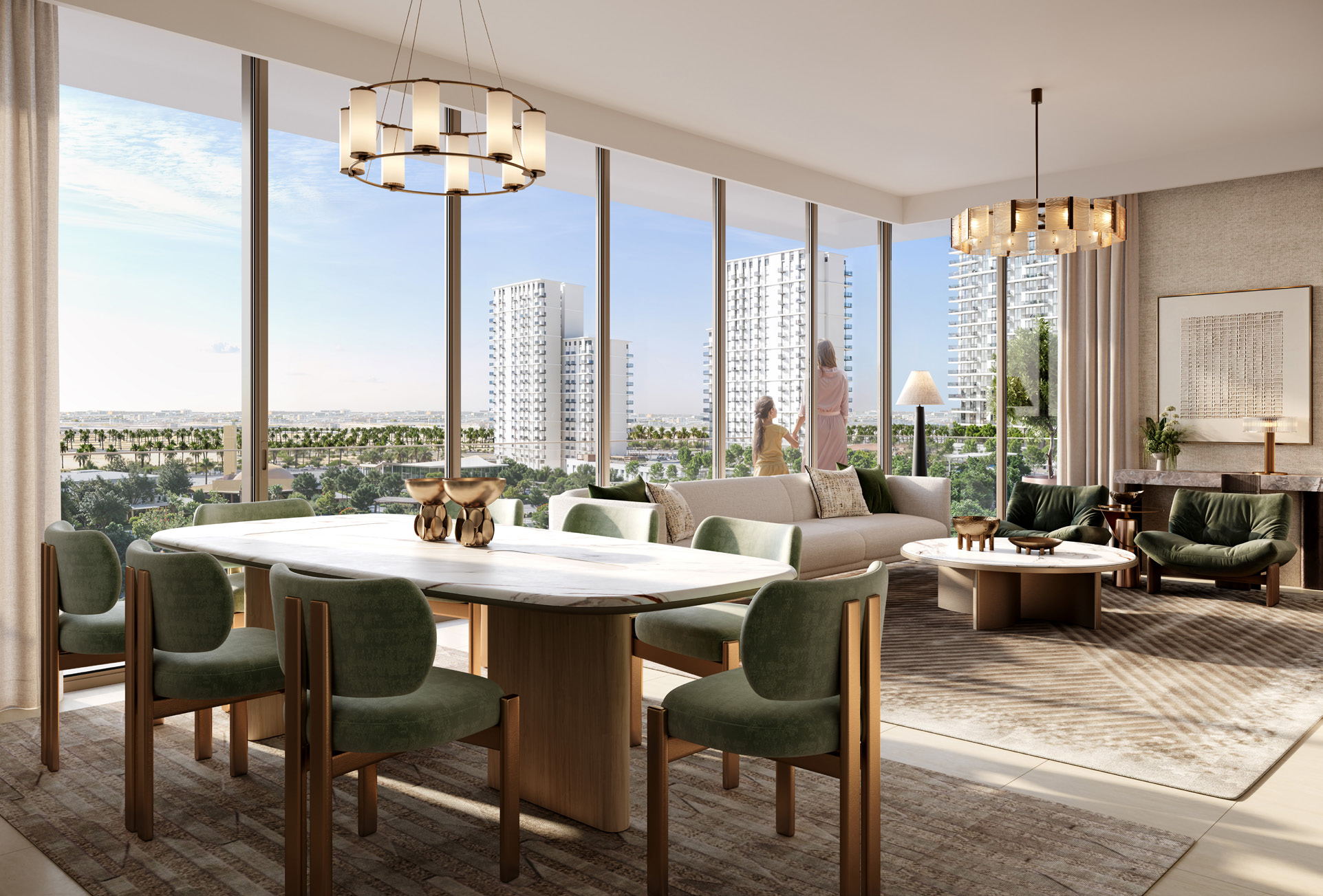 Open living and dining room with green velvet chairs and tall windows