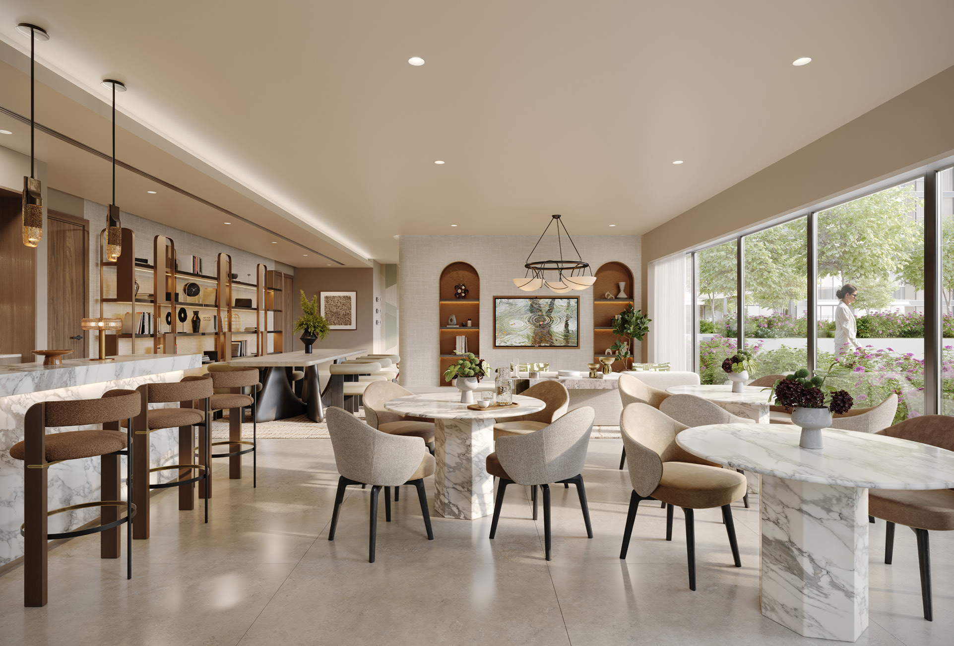 Lounge with marble tables, bar seating and windows onto the gardens