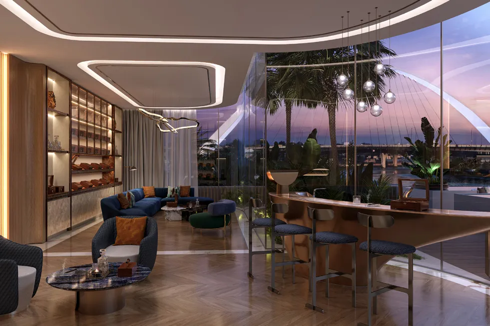 Cigar lounge with bar and armchairs, glass walls facing the canal bridge