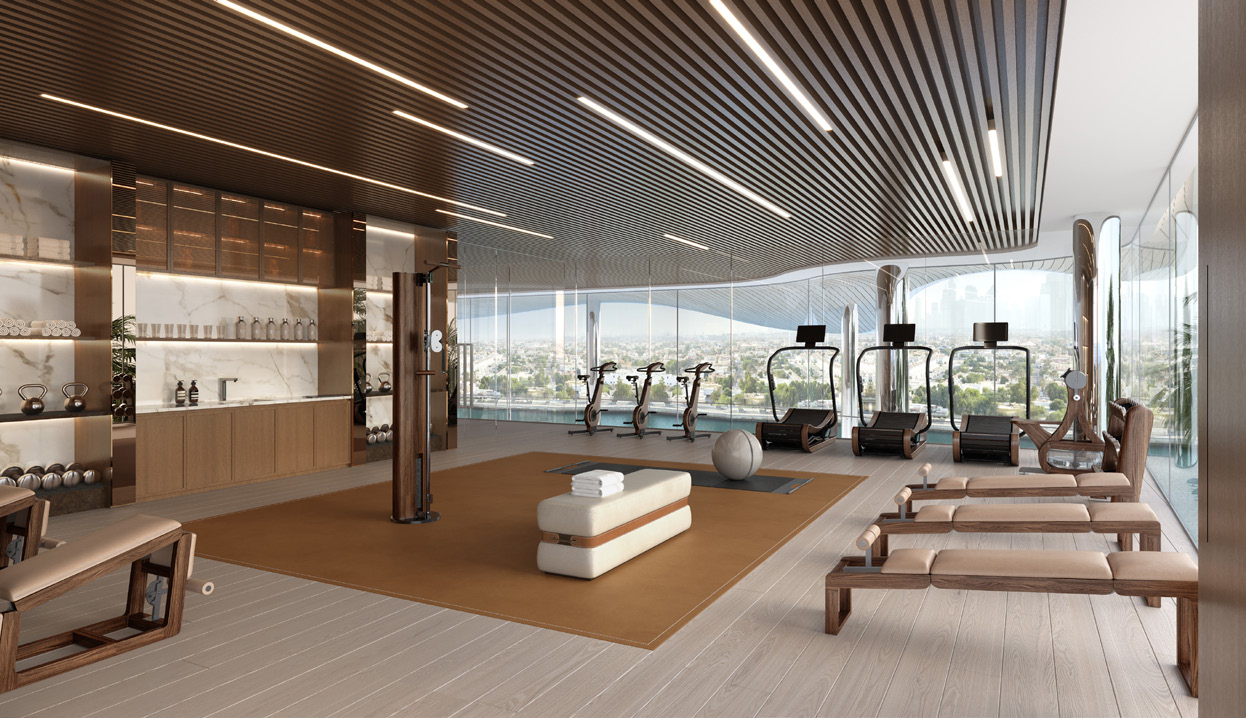 Gym with timber equipment, treadmills and floor-to-ceiling windows