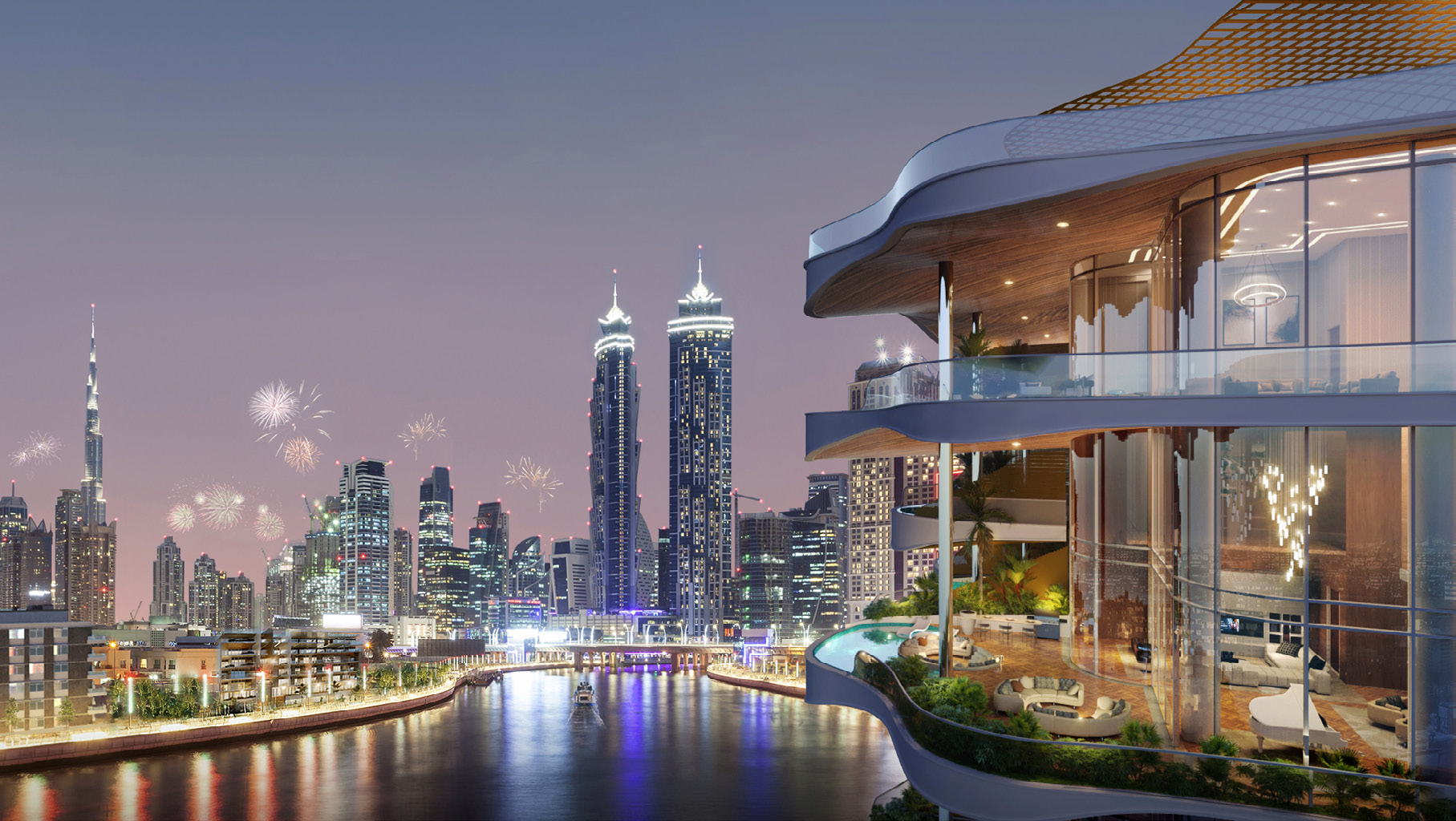 Curved terrace with pool overlooking the canal and city skyline at dusk