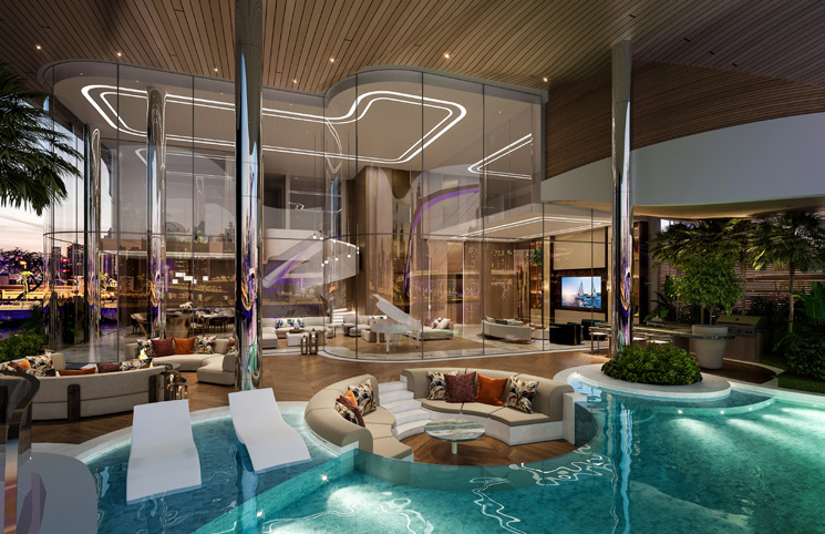Private terrace pool with sunken seating beside a glass-walled living room