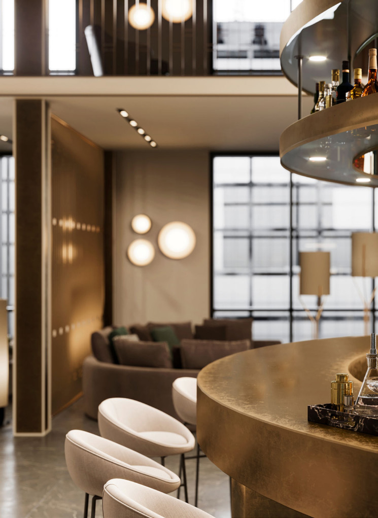 Dining lounge with curved bar, cream stools and tall windows