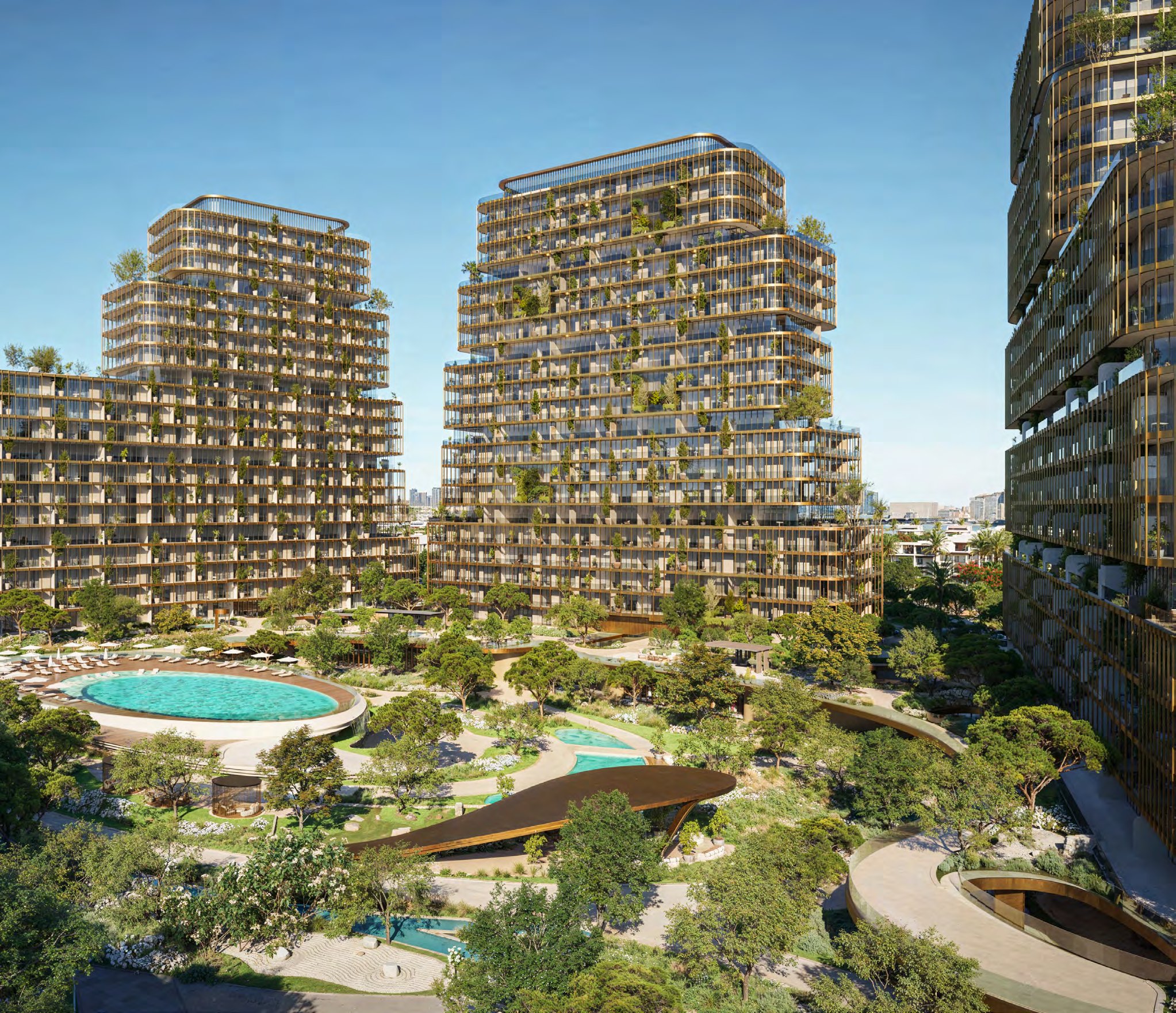 Terraced HADO towers with planted balconies rising above a garden pool