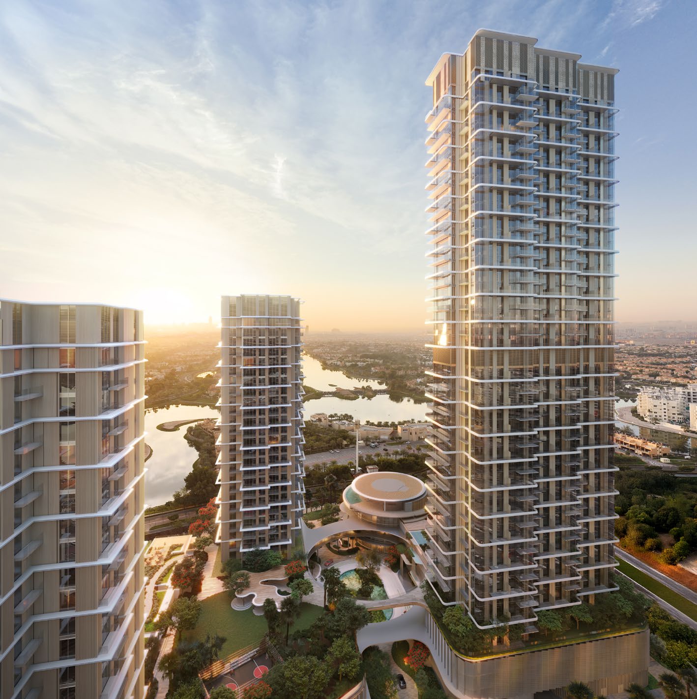 Serenia District towers at sunrise above the Jumeirah Islands lakes