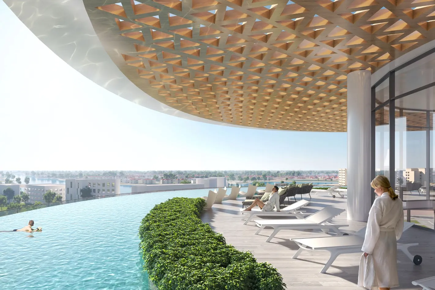 Clubhouse rooftop infinity pool under a timber lattice canopy