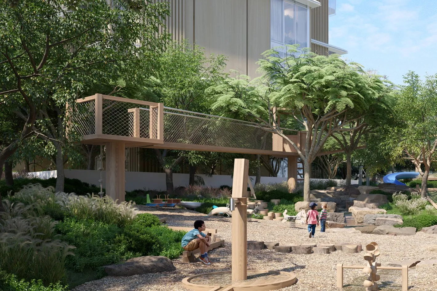 Children's nature playground with water play and a timber treehouse bridge