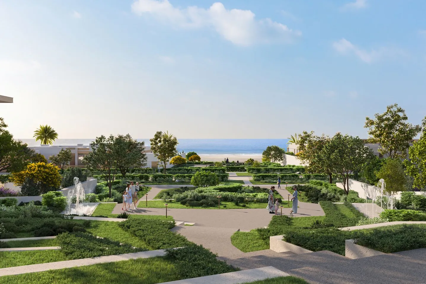 Terraced gardens with fountains leading towards the beach