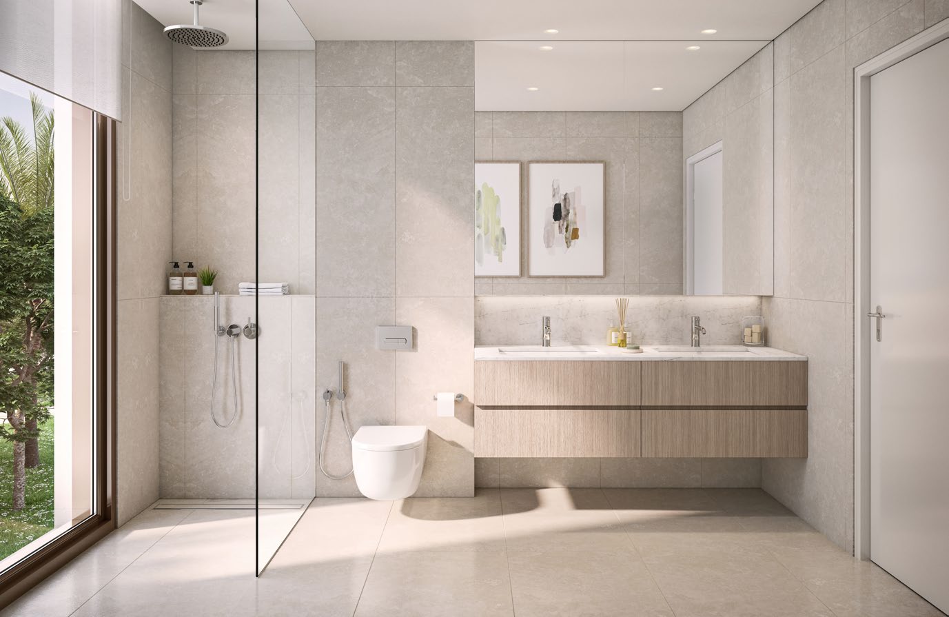 Stone-toned master bathroom with walk-in shower and double vanity