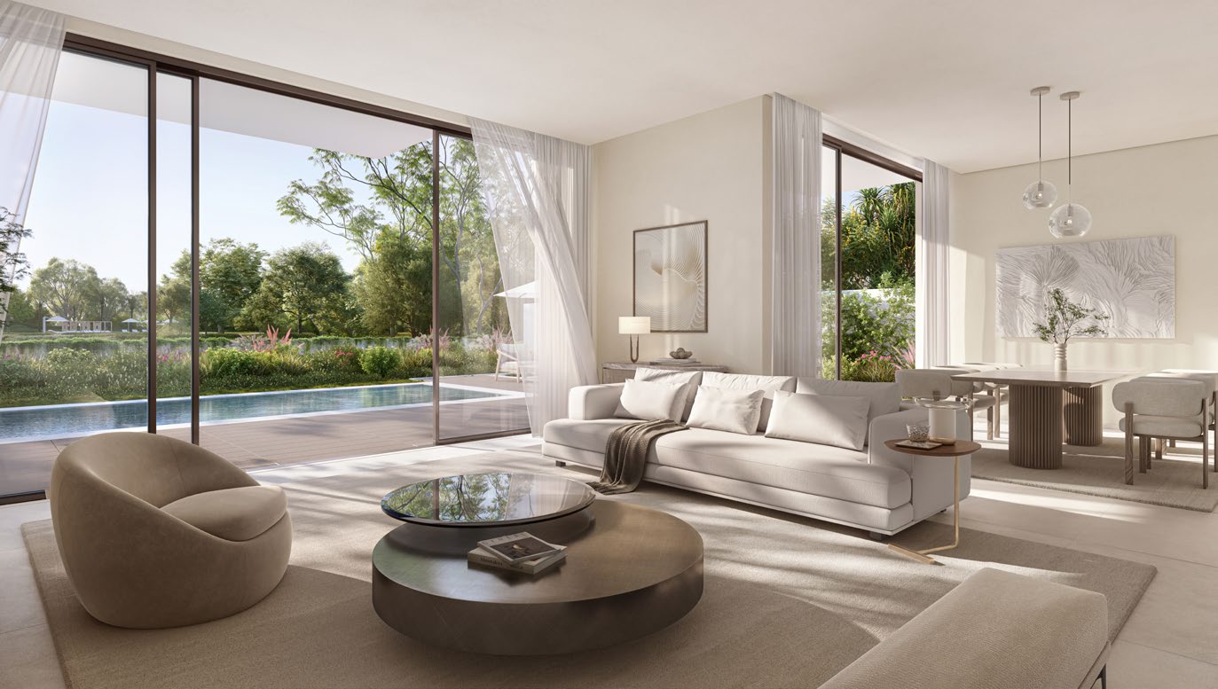Open-plan living and dining room opening onto the pool
