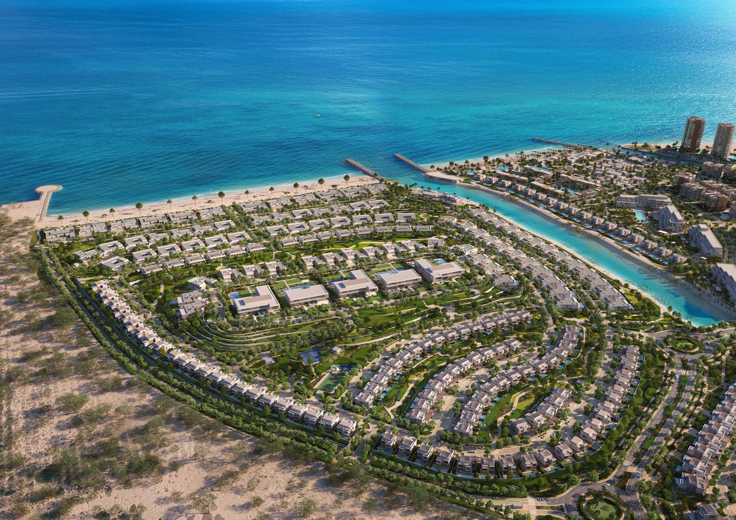 Aerial view of the BAYN villas, canal, beach and sea