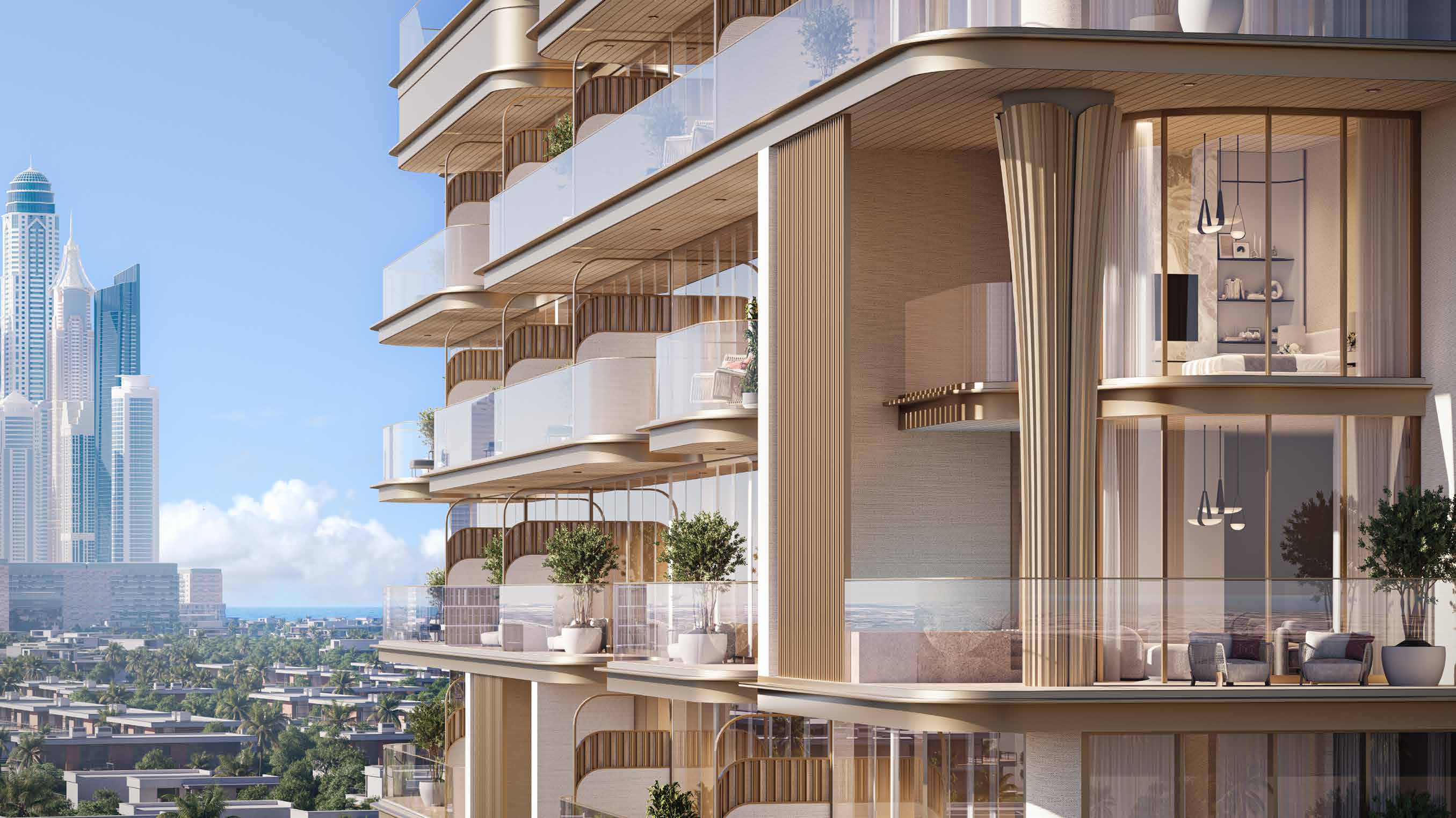Close view of rounded terraces and glazing, with Dubai Marina towers beyond