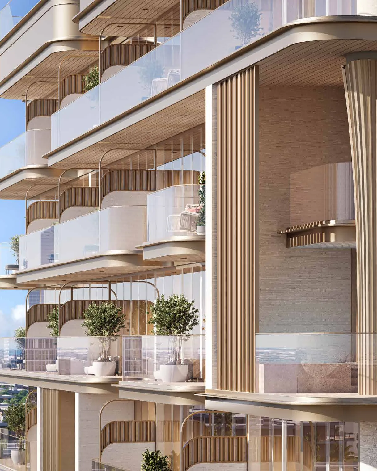 Close view of rounded terraces and glazing, with Dubai Marina towers beyond