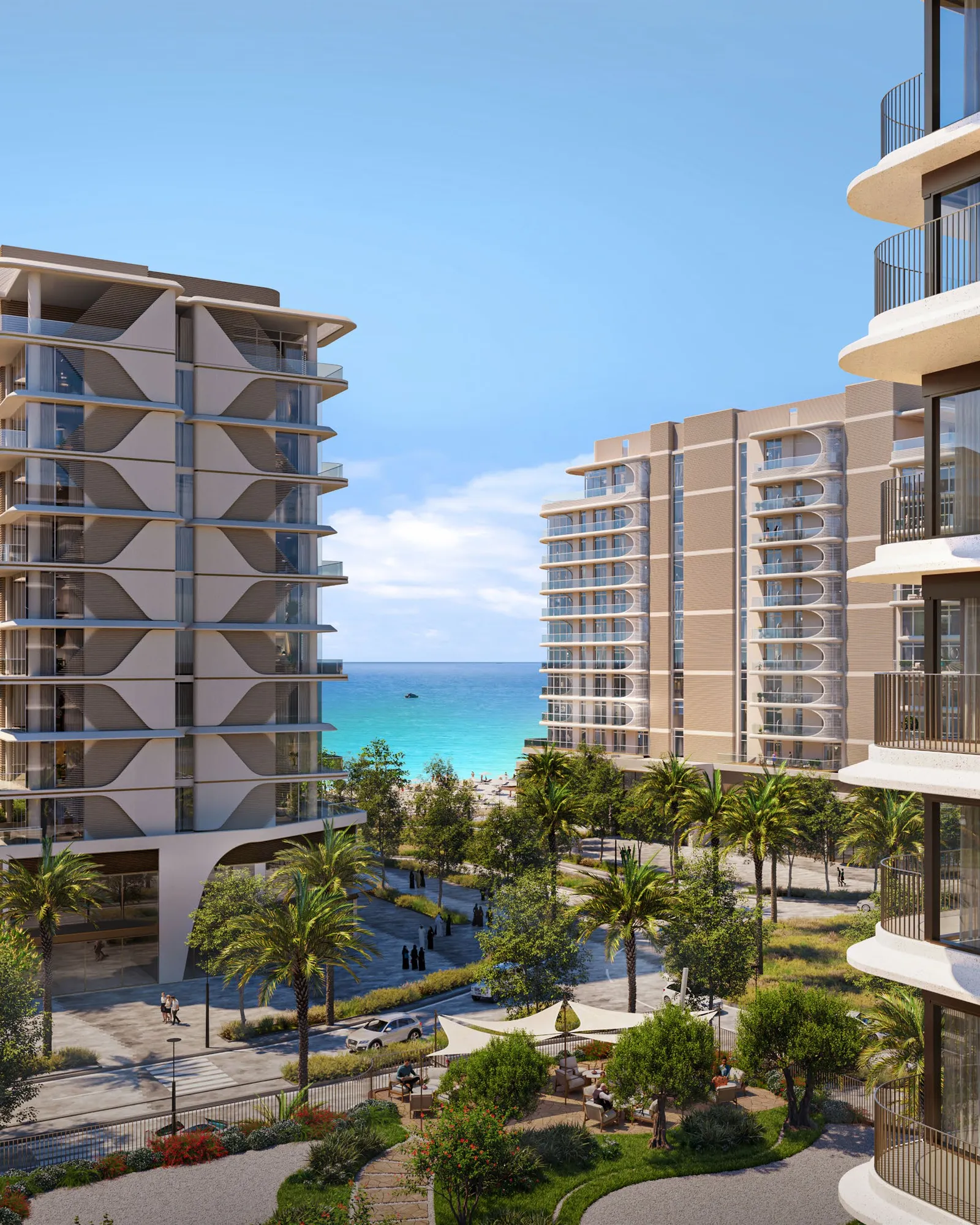 Curved balconies of the towers framing gardens and the sea beyond
