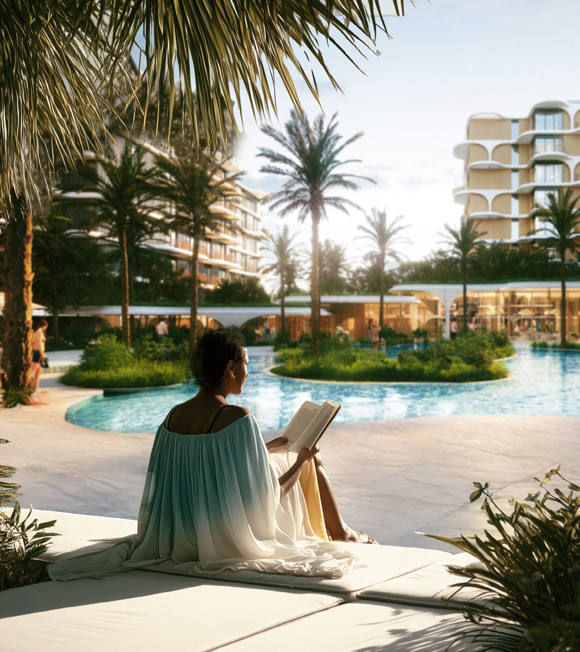 Resident reading beside the palm-lined podium pool in late sun