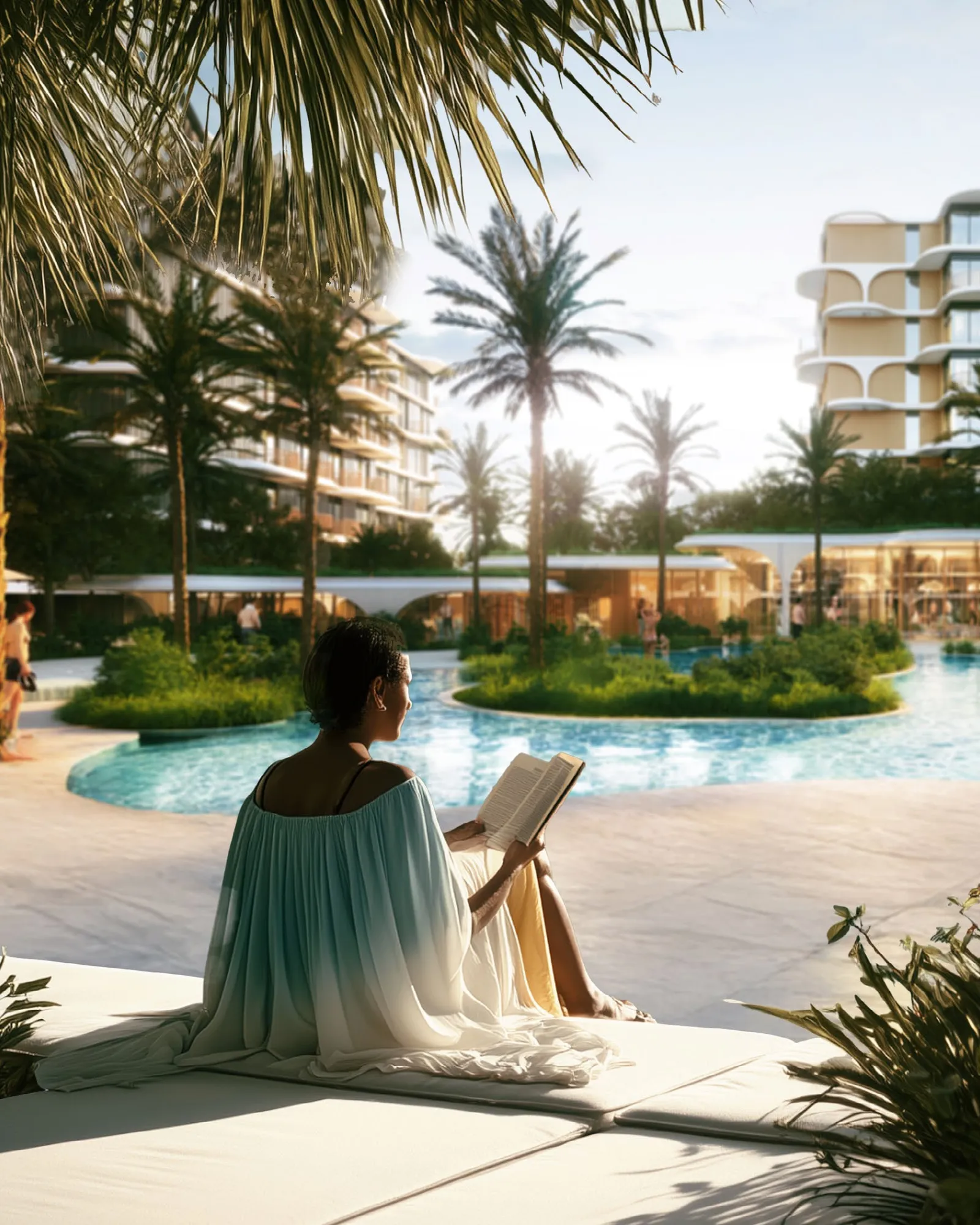 Resident reading beside the palm-lined podium pool in late sun