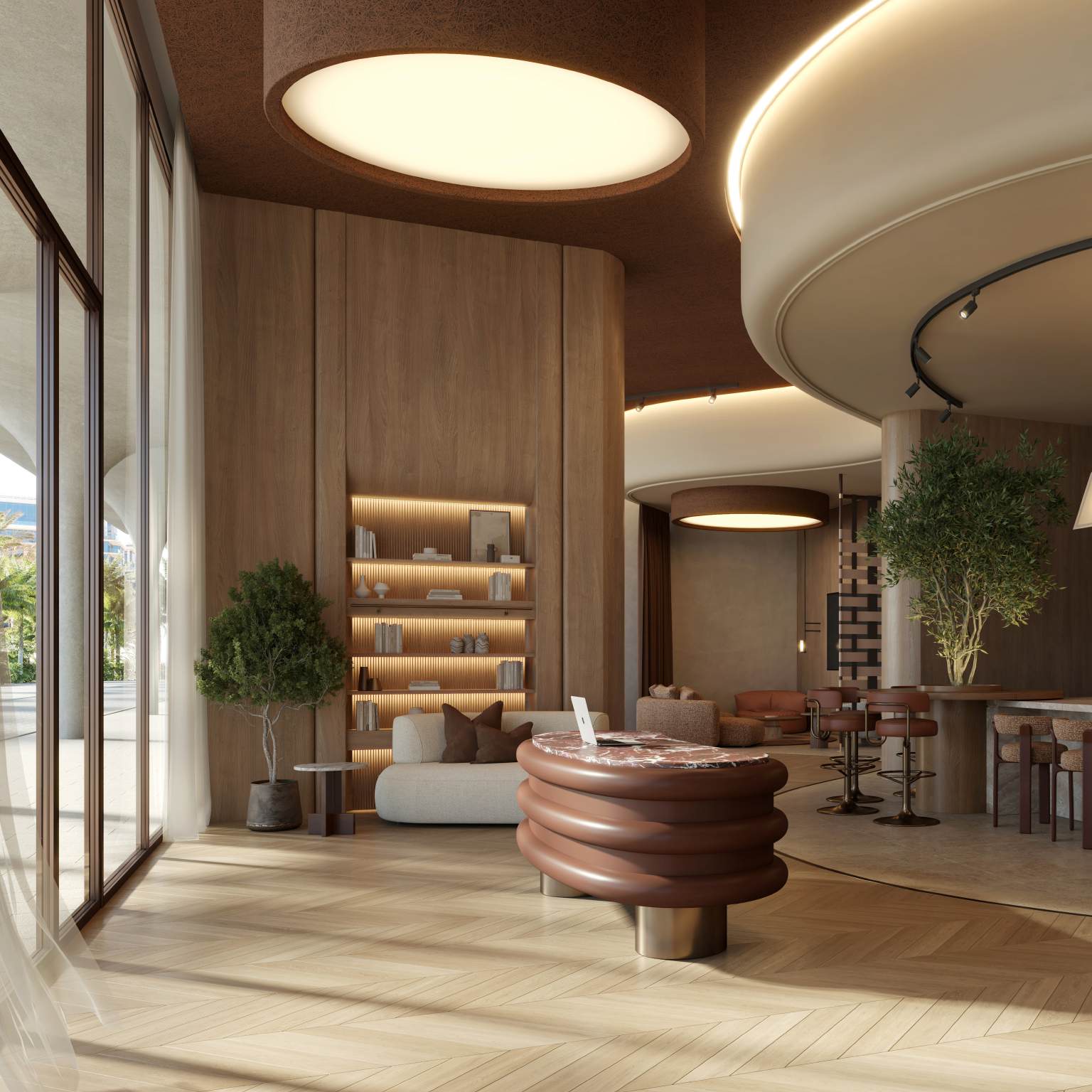 The Other Space lounge with timber walls, curved ceilings and a bar